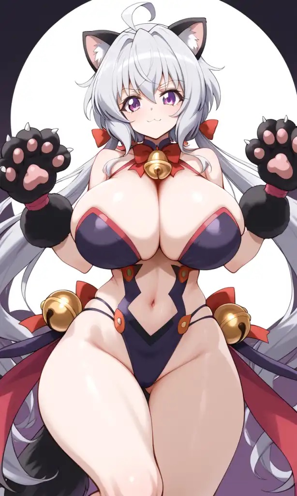 ahoge ai_generated animal_ears animal_paws animal_tail bell bell_and_collar big_breasts breasts collar cosplay costume furry hair huge_breasts long_hair long_pants long_sleeves low_twintails outfit purple_eyes silver_hair symphogear thick_thighs twintails wide_hips