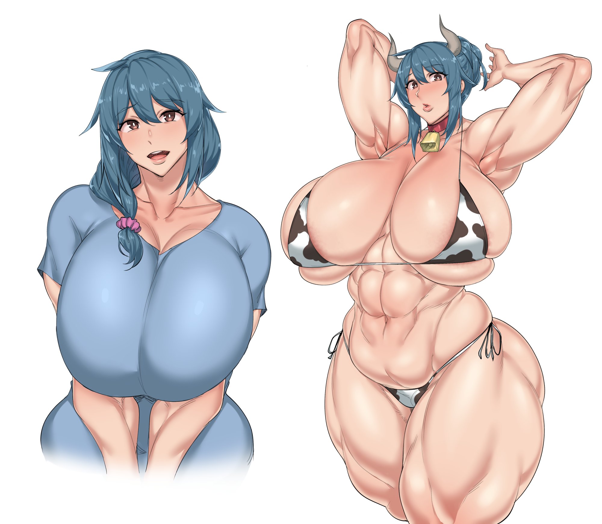 abs, arms up, big breasts, bikini, blue hair, breasts, brown eyes, cleavage, cow print, cow print bikini, curvy, dark hair, female, huge breasts, mature, mature female, milf, mother, musclegut, muscular, muscular female, muscular thighs, natedecock, natsumi (natedecock), original, thick thighs, venus body
