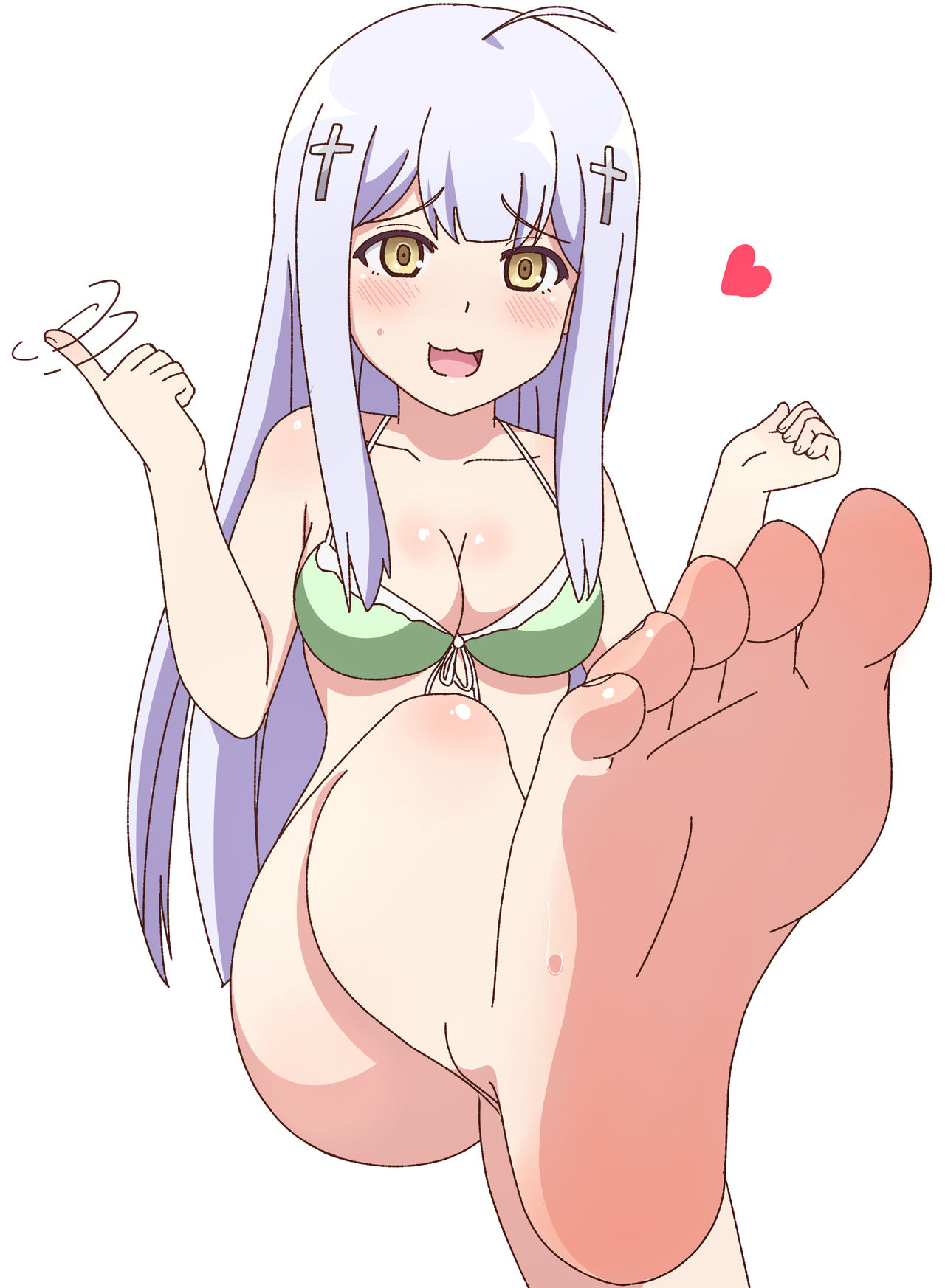 bikini, blush, cute, feet, female, foot fetish, foot focus, gabriel dropout, raphiel shiraha ainsworth, silver hair, soles, solo, white background, yellow eyes, zorzero
