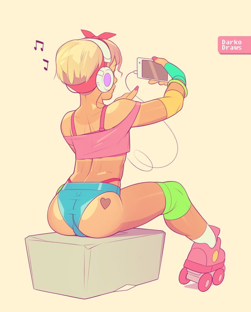 ass athletic athletic_male bare_midriff blonde_hair bracelet bubble_butt butt crop_top darkodraws earphones elbow_pads femboy fingerless_gloves g-string isaac_(darkodraws) kneepads long_fingernails male_only nail_polish phone pinup pinup_pose pose posing short_hair short_shorts sitting skimpy skimpy_clothes solo tan tanline trap whale_tail