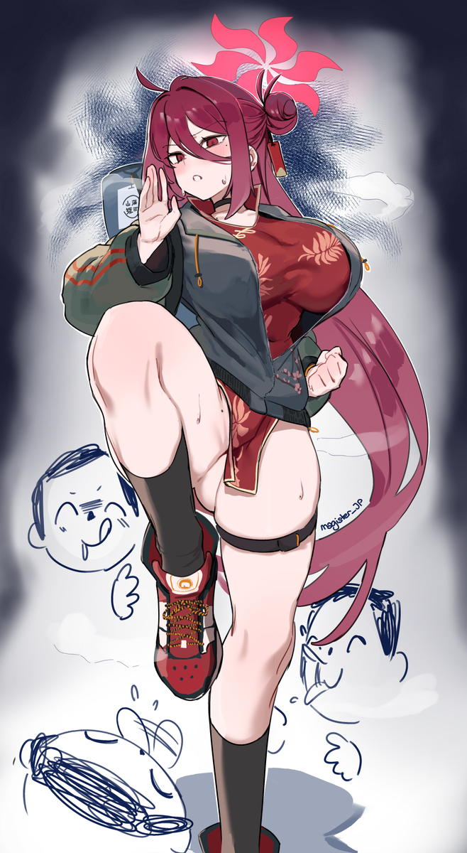 ass_visible_through_thighs blue_archive chinese_clothes clenched_fist fair_skin female fighting_stance hair_bun highres hoodie huge_breasts magister_(bigbakunyuu) martial_arts mole mole_on_pussy mole_under_eye one_leg_raised open_jacket red_eyes red_hair reijo_(blue_archive) skindentation sneakers socks steam sweat tagme thick_thighs thighs very_long_hair