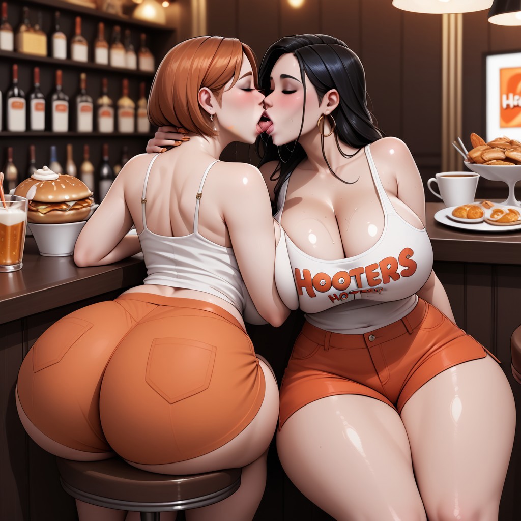 2girls ai_generated ass_focus back_view backboob big_ass big_breasts cleavage hooters hooters_uniform huge_ass huge_breasts mamaguevin shorts tagme tank_top yuri