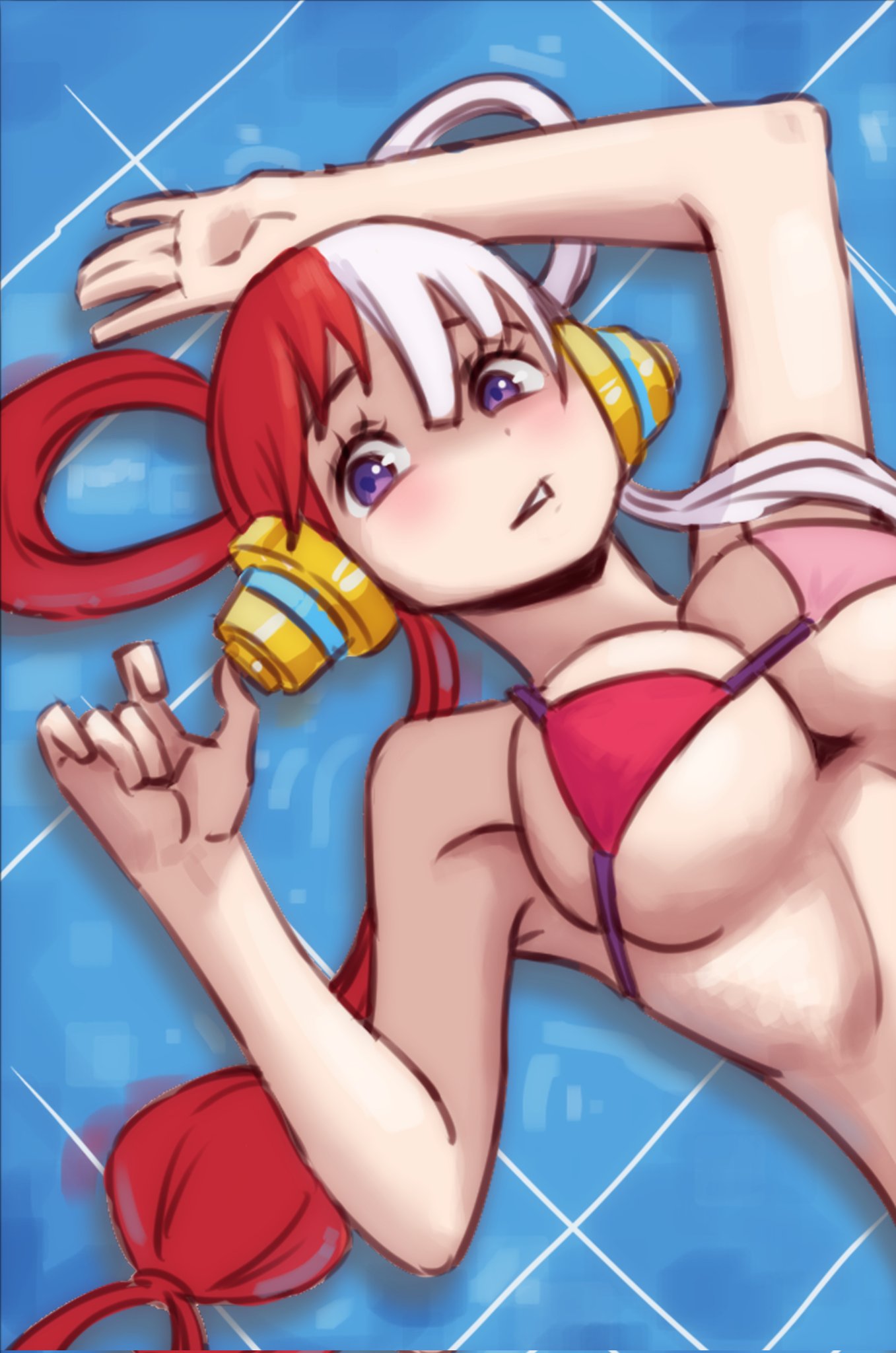 1girls, arm behind head, armpit, armpit crease, armpit peek, armpits, bare armpits, bare arms, bare belly, bare chest, bare hands, bare midriff, bare shoulders, bare skin, bikini, bikini only, bikini top, blue background, breasts, busty, busty female, clothing, collarbone, elbows, exposed armpits, exposed arms, exposed belly, exposed chest, exposed midriff, exposed shoulders, exposed skin, female, female focus, female only, fingers, futz 11, hairless armpits, hand behind head, high resolution, highres, large breasts, lean figure, long hair, looking at viewer, looking up, looking up at viewer, lying, lying down, lying on back, lying on flooron back, lying on ground, midriff, multicolored hair, narrow waist, one piece, purple eyes, purple-eyed female, red hair, red-haired female, shaved armpits, shoulders, simple background, slender body, slender waist, slim waist, solo, string bikini, swimsuit, swimwear, underboob, upper body, uta (one piece), white background, white hair, white-haired female