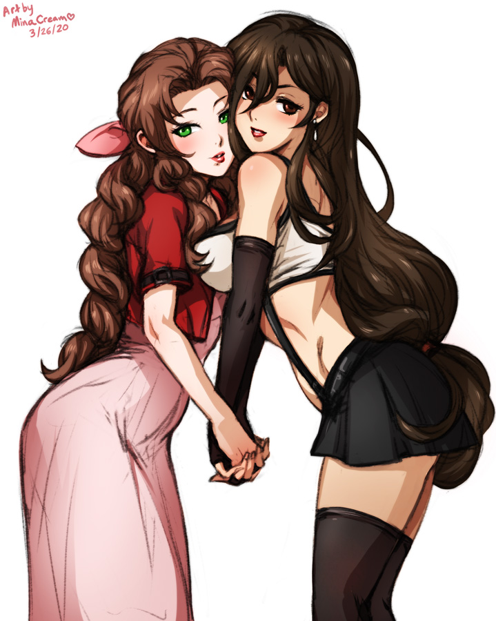 2girls, aerith gainsborough, black hair, black-haired female, blush, brown eyes, brown hair, brown-haired female, clothed, female, final fantasy, final fantasy vii, final fantasy vii remake, fully clothed, green eyes, long hair, minacream, square enix, tifa lockhart