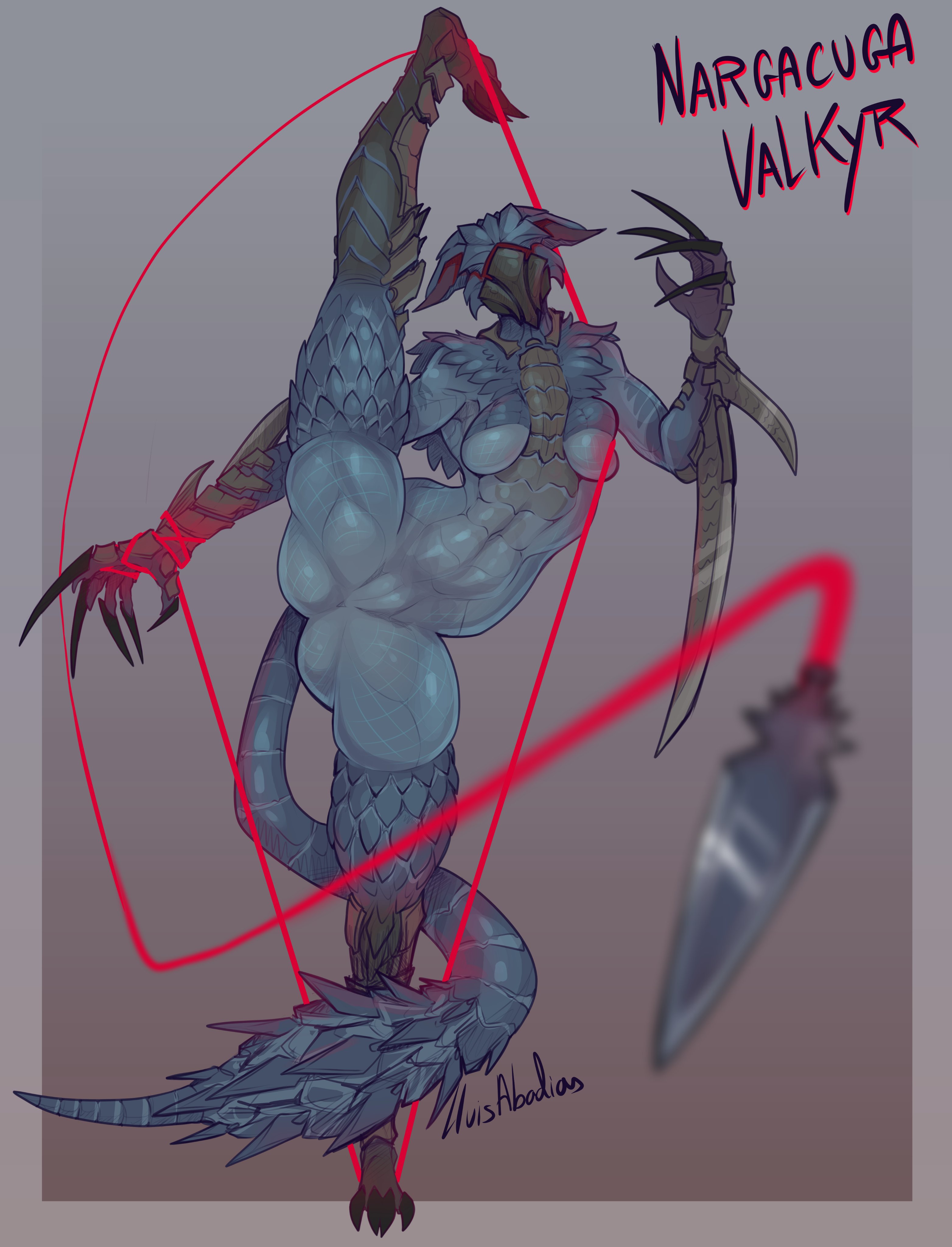2d, 2d (artwork), ass, breasts, crossover, featureless crotch, female, female only, flexible, flexible female, large ass, lluisabadias, looking at viewer, medium breasts, muscular female, simple background, splits, text, thick thighs, thighs, valkyr (warframe), vertical splits, warframe