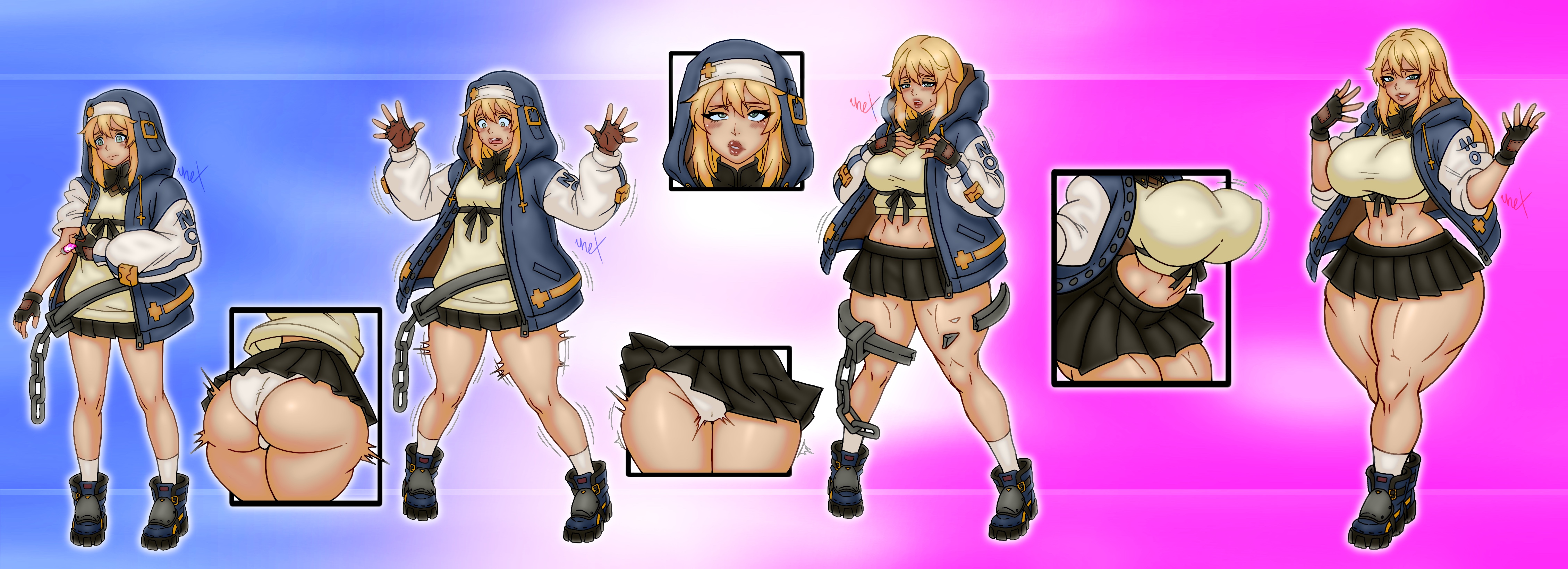 1girl, 2026, age progression, aged up, ass, ass expansion, ass focus, blonde female, blonde hair, breast expansion, breasts, breasts bigger than head, bridget, bridget (guilty gear), guilty gear, guilty gear strive, injection, jacket, jacket open, milf, milfification, muscular thighs, skirt, thunder thighs, tight clothing, trans woman, transformation, transformation sequence, transgender woman, transgender woman (lore), undersized clothes, unrealexpectation, wholesome, willing transformation