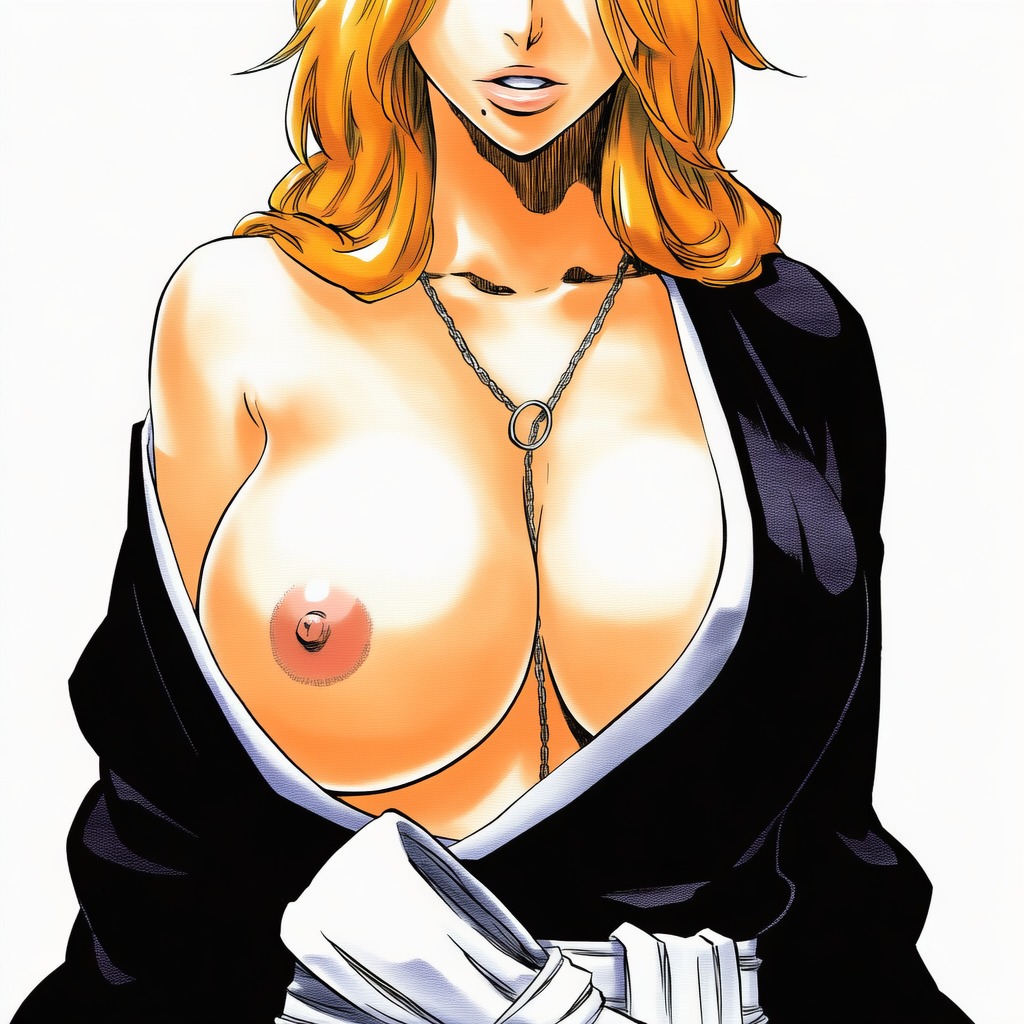 1:1, 1girls, 2d, accurate art style, accurate body type, ai generated, areolae, arms at sides, between breasts, big breasts, black kimono, bleach, breast focus, breast slip, breasts, breasts out, breasts out of clothes, busty, busty female, cel shading, chain, chain necklace, cleavage, clothing, collarbone, cropped, exposed breasts, facing viewer, female, female focus, female only, front view, glossy body, hair over shoulder, head out of frame, high resolution, highres, japanese clothes, jewelry, kimono, kimono open, large breasts, light skin, light-skinned female, line art, long hair, looking at viewer, manga style, matsumoto rangiku, mole, mole under mouth, necklace, necklace between breasts, nipples, no bra, obi, off shoulder, official style, open clothes, open robe, open shirt, orange hair, parted lips, partially clothed, pink areola, pink nipples, presenting, presenting breasts, robe, round breasts, sash, shihakusho, shiny breasts, shiny hair, shiny skin, simple background, single bare shoulder, slender body, slender waist, solo, solo female, solo focus, standing, tite kubo style, traditional clothes, upper body, wafuku, wardrobe malfunction, wavy hair, white background