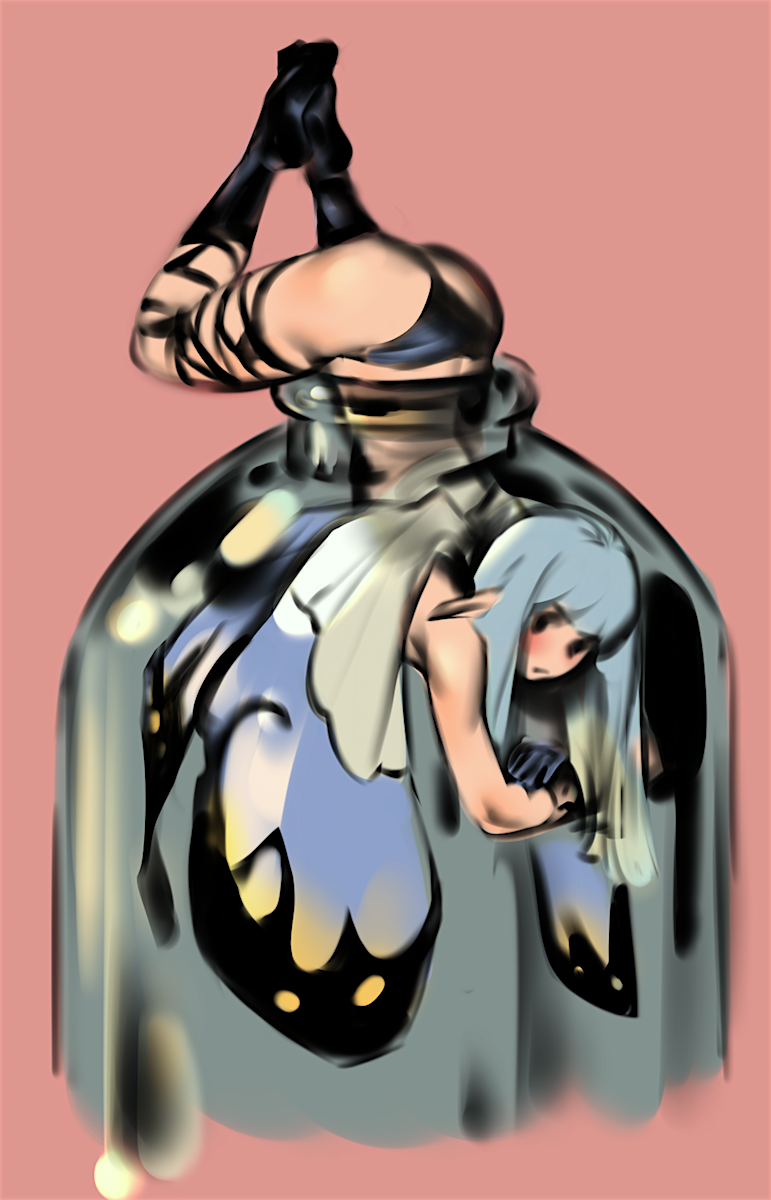 airy annoyed ass behind_view bent_over blush bottle bravely_default fairy fairy_wings female jar mob_face pointed_ears pointy_ears round_ass round_butt solo stuck stuck_in_object wings