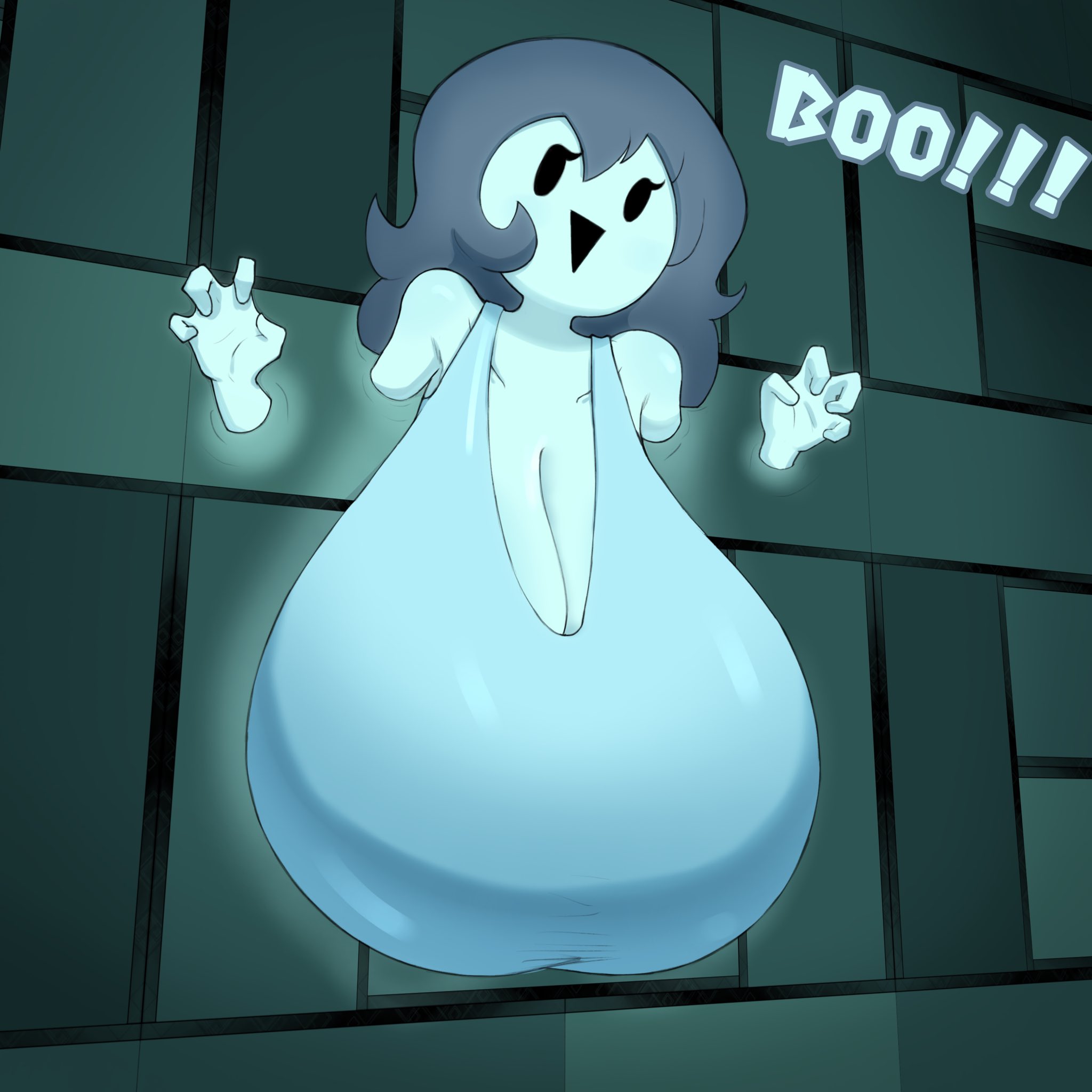1girls, big breasts, blue hair, blue skin, boobs, breasts, clothing, dress, female, female only, ghost, ghost girl, huge boobs, huge breasts, megamor, neckline, onomatopoeia, spooky (shojs), spooky's house of jump scares, text, through wall, wall