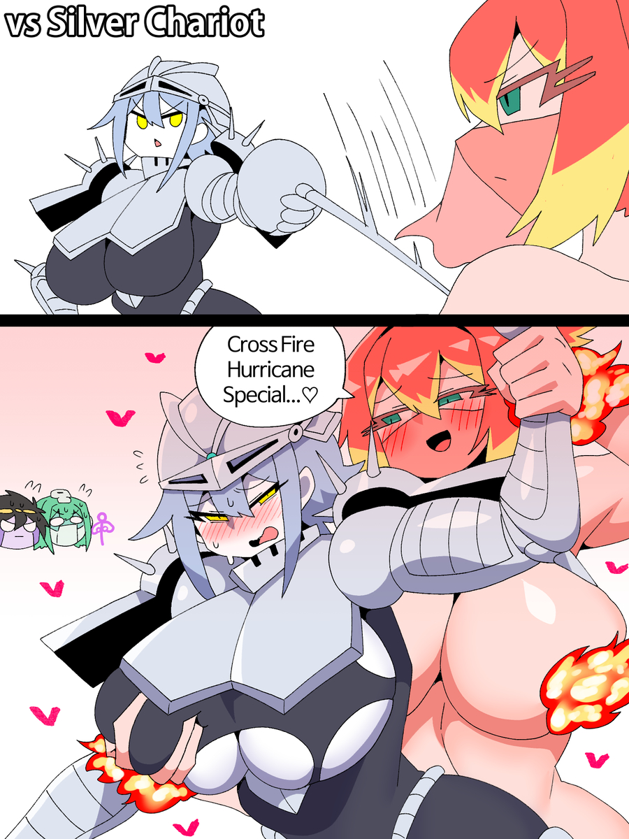 5girls, armor, armored female, black hair, breast grab, female, female only, fencer, fire, gloves, grabbing breasts, green eyes, green hair, helmet, hermit purple, hierophant green, jojo's bizarre adventure, large ass, large breasts, magician's red, mannungei, red hair, rule 63, saber (weapon), shirtless, silver chariot, silver hair, star platinum, stardust crusaders, text, thick thighs, thighs, topless, torn clothes, yellow eyes, yellow highlights, yuri