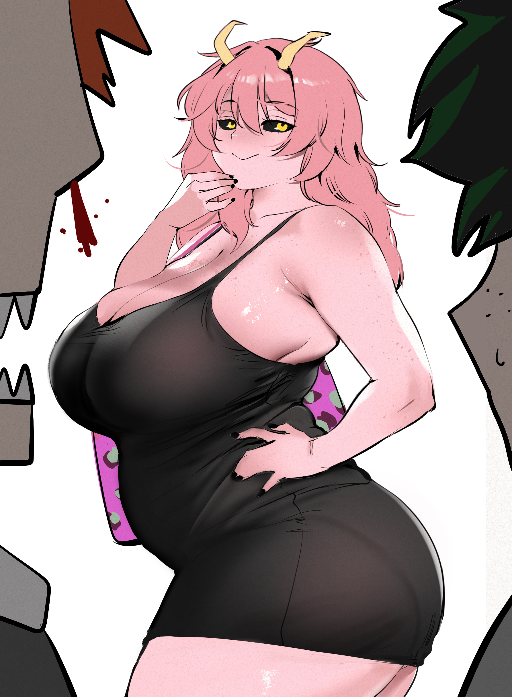 1girls, 2boys, absurd res, absurdres, alternate breast size (larger), black dress, black sclera, boku no hero academia, breasts, colored sclera, colored skin, curvy, dress, eijirou kirishima, female, hi res, highres, horns, huge breasts, judies (judynharmonia), kirishima eijiro, long hair, male, messy hair, midoriya izuku, mina ashido, mina ashido time-skip, multiple boys, my hero academia, my hero academia (finale), nosebleed, pink hair, pink skin, plump, post-timeskip, time skip, yellow eyes, yellow horns