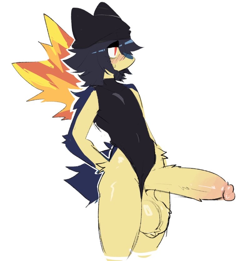 1boy, anthro, big balls, big penis, blue fur, blush, clothed, clothing aside, fluffy balls, functionally nude, furry, furry only, fuzzy balls, huge cock, hung femboy, hyper balls, hyper genitalia, hyper penis, male only, no background, pokemon, red eyes, shiny balls, shiny clothes, shiny thighs, shiyaa stuff, tagme, twink, typhlosion, useless clothing, yellow fur