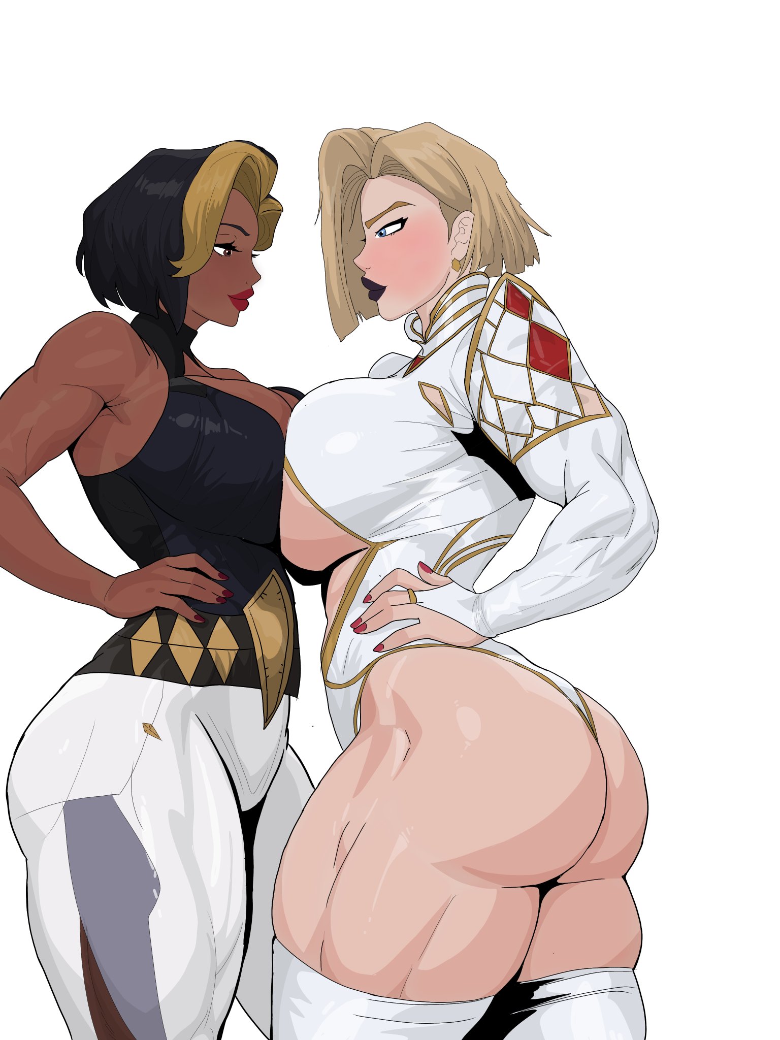 2d, 2girls, ass, big ass, big breasts, big butt, blizzard entertainment, breast to breast, breasts, crossover, dark skin, dark-skinned female, domina, emma frost, emma frost (marvel rivals), female, female only, huge thighs, indian, indian female, large breasts, light skin, light-skinned female, marvel, marvel rivals, nocturnetp, overwatch, thick thighs, x-men