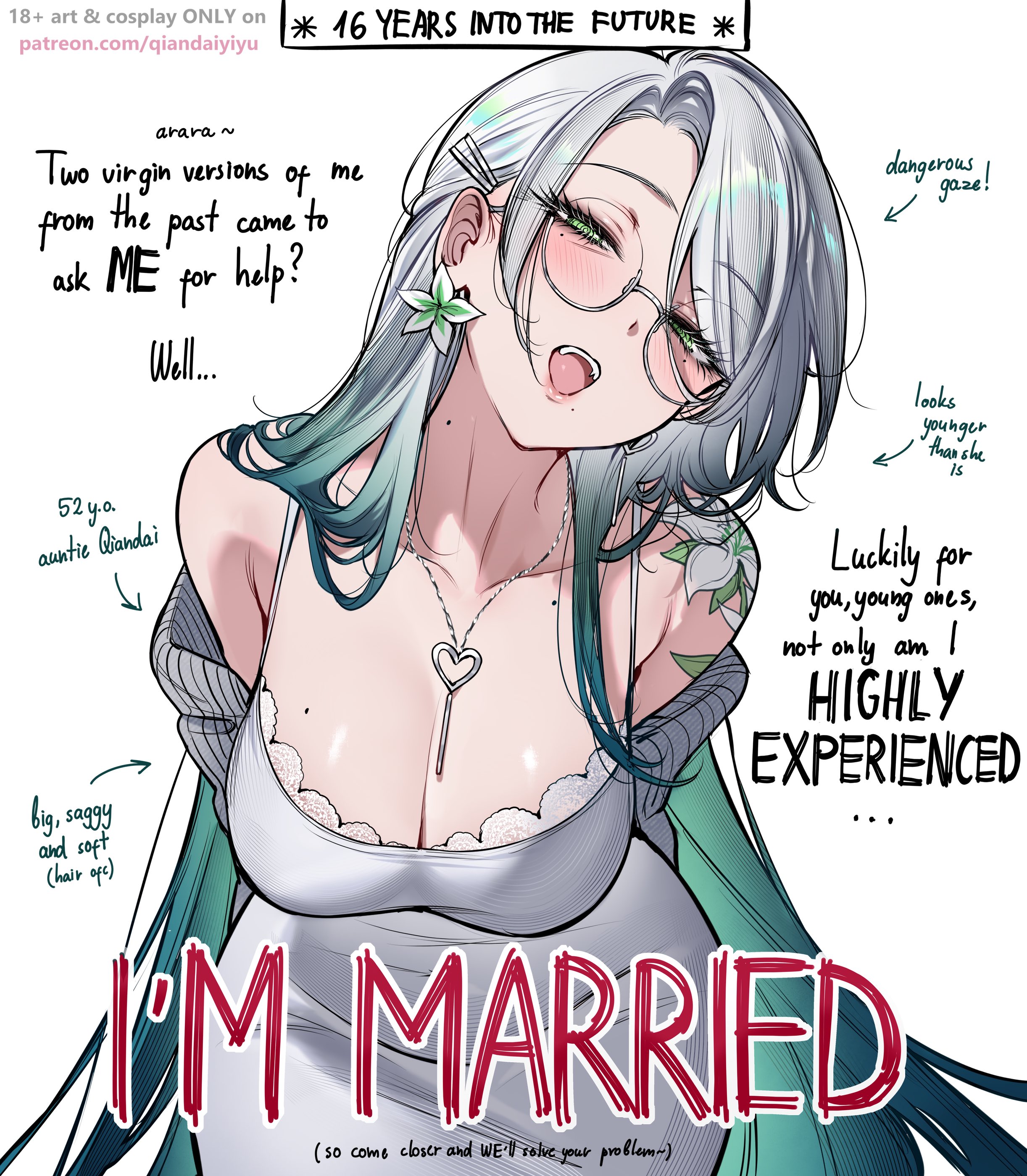 1girls, birthmark, glasses, grey hair, hair ornament, large breasts, necklace, older female, qiandaiyiyu