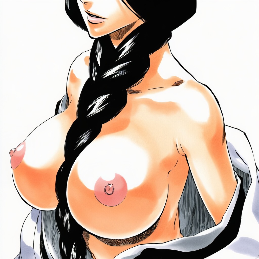 1:1, 1girls, 2d, accurate art style, accurate body type, ai generated, areolae, bare shoulders, between breasts, big breasts, black hair, bleach, braid, braided ponytail, breast focus, breasts, breasts out, breasts out of clothes, busty, busty female, cel shading, cleavage, clothing, collarbone, cropped, erect nipples, exposed breasts, female, female focus, female only, front view, glossy body, hair between breasts, head out of frame, high resolution, highres, huge breasts, japanese clothes, large breasts, light skin, light-skinned female, line art, long hair, manga style, mature female, nipples, no bra, off shoulder, official style, open clothes, open shirt, partially clothed, pink areola, pink nipples, presenting, presenting breasts, robe, shihakusho, shiny skin, simple background, single braid, solo, solo female, solo focus, standing, three-quarter view, tite kubo style, undressing, unohana retsu, upper body, wafuku, waifu, wardrobe malfunction, white background