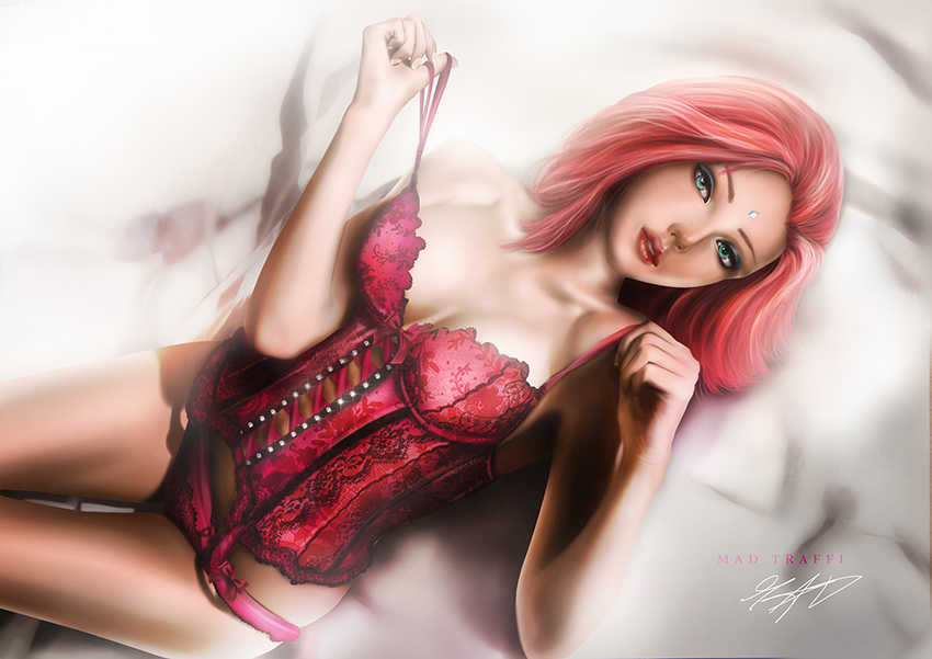 1girls, bare shoulders, bed, boruto: naruto next generations, breasts, bustier, cleavage, corset, eyeshadow, facial mark, female, female only, forehead mark, green eyes, lingerie, lipstick, long hair, looking at viewer, lying, madtraffi29, makeup, naruto, naruto (series), naruto shippuden, off shoulder, on back, on bed, panties, parted lips, pink hair, sakura haruno, strap pull, straps, teasing, undressing