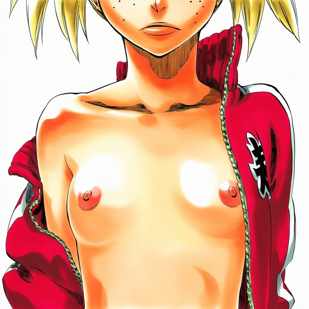 1:1, 1girls, 2d, accurate art style, accurate body type, ai generated, areolae, bleach, blonde hair, breast focus, breasts, breasts out, breasts out of clothes, cel shading, closed mouth, clothing, collarbone, cropped, exposed breasts, facing viewer, female, female focus, female only, flat chest, freckles, freckles on face, front view, frown, glossy body, head out of frame, high resolution, highres, hiyori sarugaki, jacket, kanji, light skin, light-skinned female, line art, manga style, nipples, no bra, off shoulder, official style, open clothes, open shirt, partially clothed, petite, pink areola, pink nipples, presenting, presenting breasts, red jacket, sarugaki hiyori, shiny skin, short hair, simple background, skinny, slender body, small breasts, solo, solo female, solo focus, standing, tite kubo style, track jacket, twintails, unzipped, upper body, wardrobe malfunction, white background, zipper, zipper pull tab