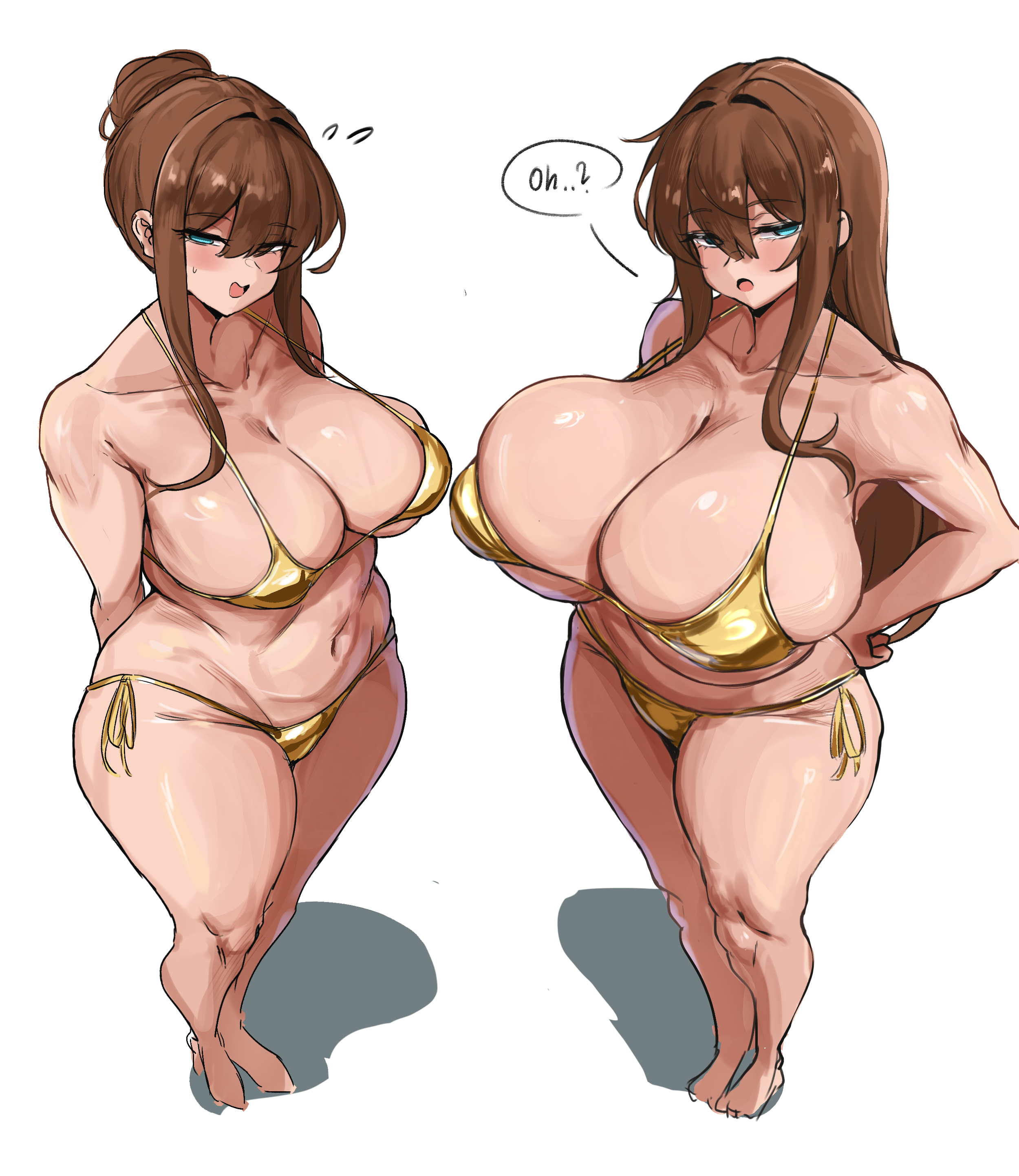 2girls, bikini, blue eyes, breasts, brown hair, collarbone, english text, eyelashes, female, female only, flying sweatdrops, gold bikini, golden week, hair between eyes, half-closed eyes, hand on own hip, huge breasts, large breasts, long hair, looking at viewer, micro bikini, minori (user eket5233), multiple girls, navel, original, shadow, shiny skin, side-tie bikini bottom, sidelocks, skindentation, standing, swimsuit, updo, white background, wide hips