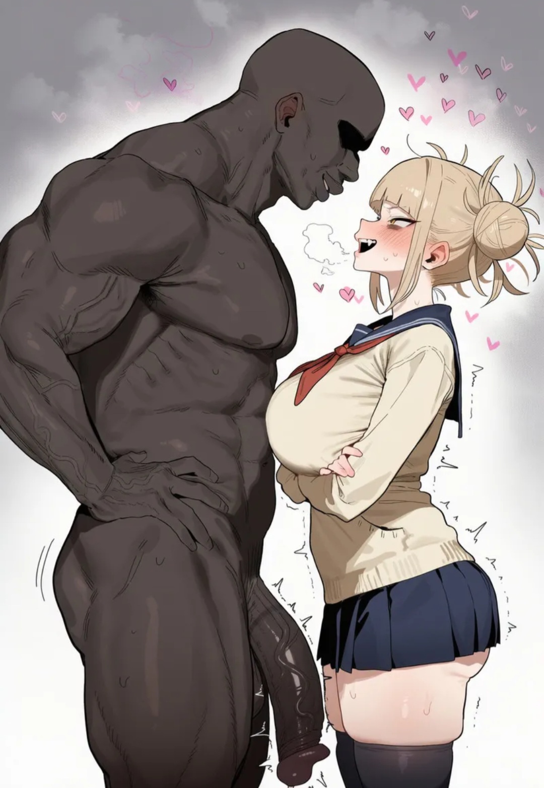 1boy, 1girls, ai generated, big breasts, blush, blushing, boku no hero academia, dark skin, dark-skinned male, hearts around head, himiko toga, huge ass, huge breasts, huge cock, inminent sex, interracial, large breasts, looking at another, my hero academia, naked male, pathetic male, shineart, size difference, thick thighs, toga himiko