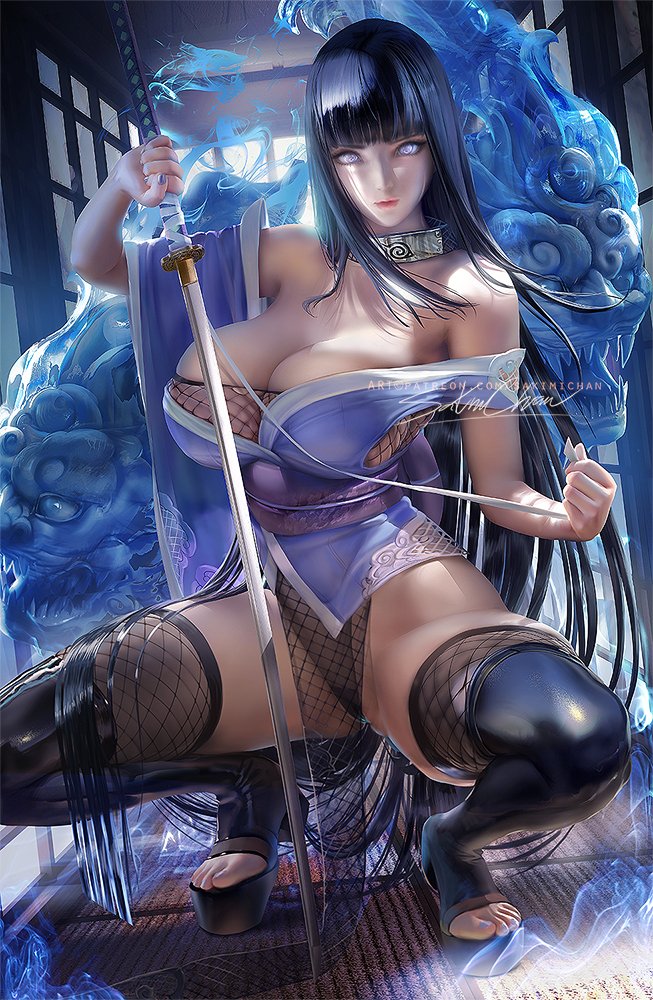 1girls, big breasts, black hair, breasts, cleavage, female, female only, hyuuga hinata, katana, large breasts, looking at viewer, naruto, naruto (series), naruto shippuden, pinup, sakimichan, spread legs, sword, thick thighs, white eyes