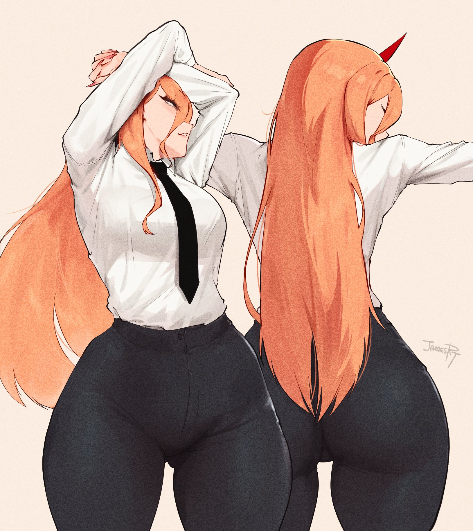 ass focus, big ass, blonde female, chainsaw man, fully clothed, jamesloves art, power (chainsaw man), tight clothing