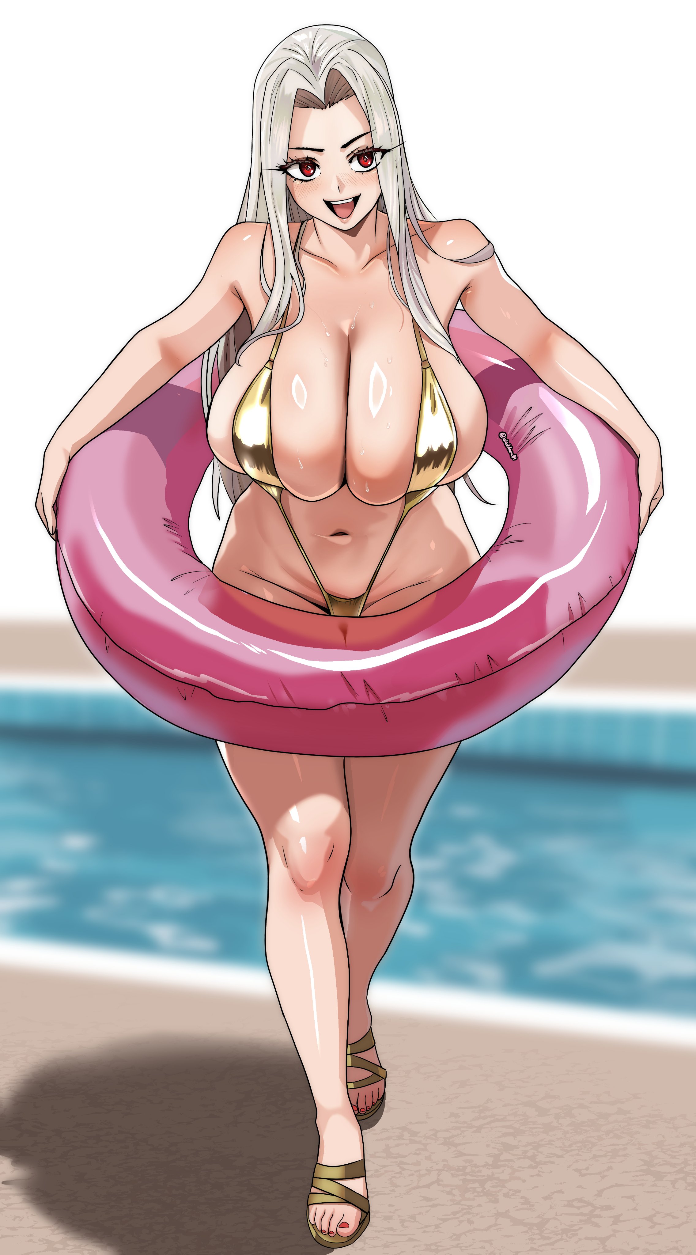 1girls, big breasts, blonde hair, blush, breasts, cleavage, fate (series), fate/zero, female, female only, footwear, full body, golden bikini, golden week, hair, huge breasts, irisviel von einzbern, legs, light-skinned female, long hair, mature, mature female, mature woman, milf, mother, oldmanjenkins84, pool float, pool toy, poolside, red eyes, revealing clothes, sandals, skimpy, skimpy bikini, slingshot swimsuit, smile, solo, solo female, swimwear, thighs, toenail polish, toenails, wet, wet body, yellow sling bikini