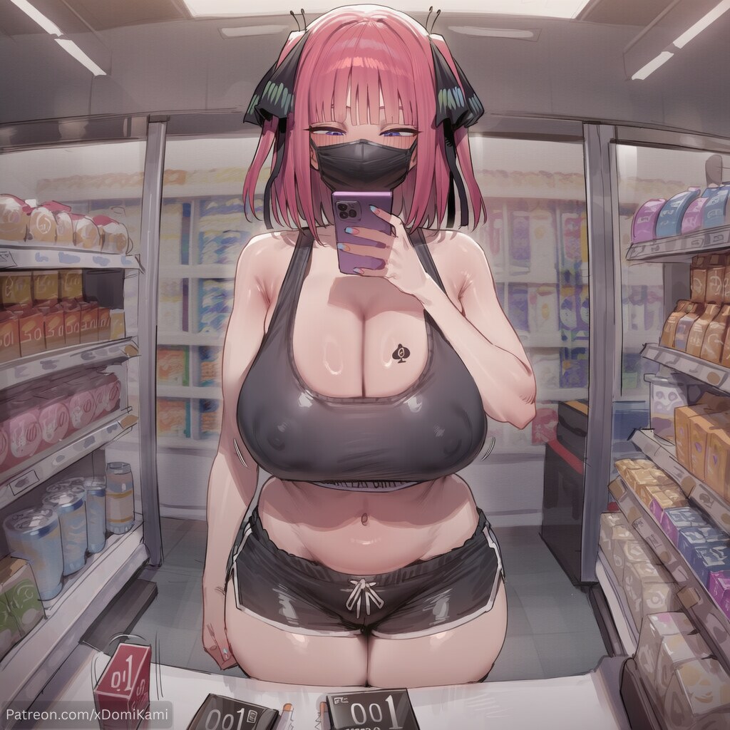 1boy, 1girl, 2026, 2d, absurd res, absurd resolution, absurdres, ai generated, bare shoulders, black mask, black ribbon, black shorts, black sports bra, blunt bangs, blush, brand name imitation, breasts, butterfly hair ornament, cellphone, cleavage, collarbone, condom box, convenience store, covered nipples, curvy, food, go-toubun no hanayome, hair ornament, hair ribbon, hi res, high quality, high resolution, highres, holding, holding phone, huge breasts, image, indoors, large breasts, looking at viewer, mask, medium hair, midriff, mouth mask, nail polish, nakano nino, navel, netorare, ntr, patreon, patreon username, phone, pink hair, purple eyes, qos, ribbon, shop, short hair, short shorts, shorts, smartphone, smartphone case, solo, sports bra, standing, stomach, sweat, tattoo, thighs, two side up, uncensured, watermark, xdomikami