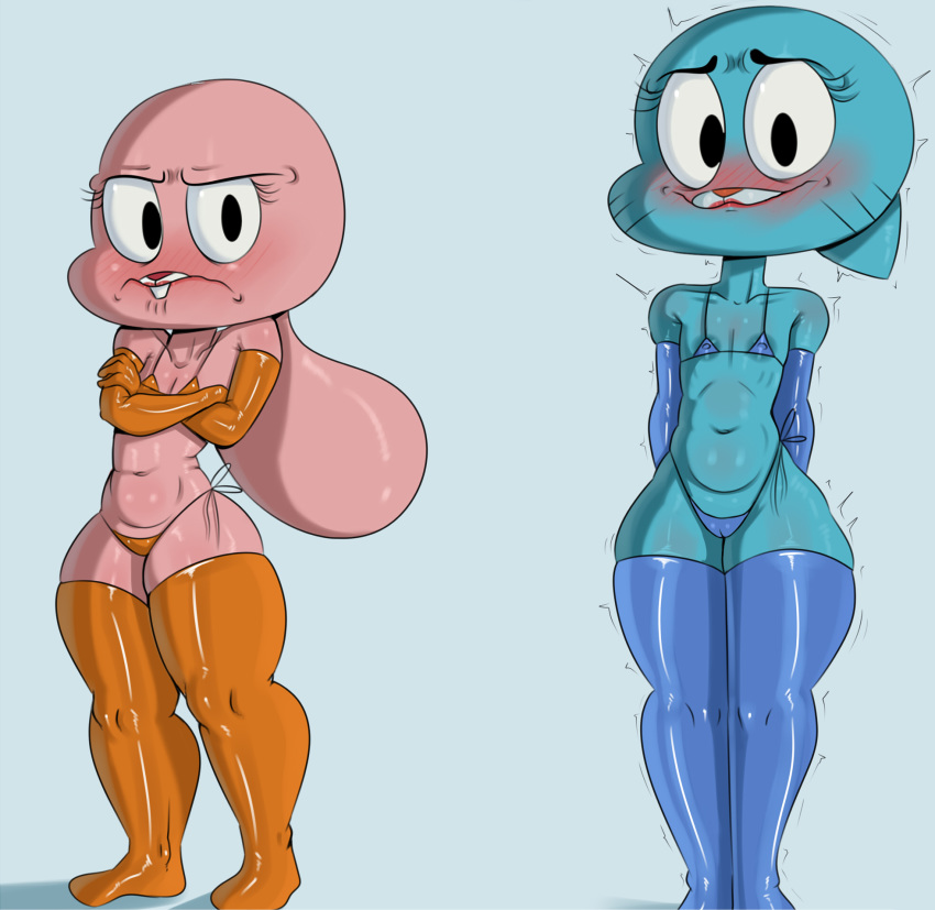 anais watterson, anthro, blue background, blue body, blue fur, blush, bra, breasts, cameltoe, cartoon network, clothed, clothing, domestic cat, felid, feline, felis, female, fur, gloves, handwear, hi res, lagomorph, latex gloves, latex stockings, legwear, leporid, looking at viewer, mammal, nervous, nicole watterson, panties, pink body, pink fur, pussy, rabbit, simple background, smile, standing, stockings, tayuri, teeth, the amazing world of gumball, thick thighs, underwear, wide hips