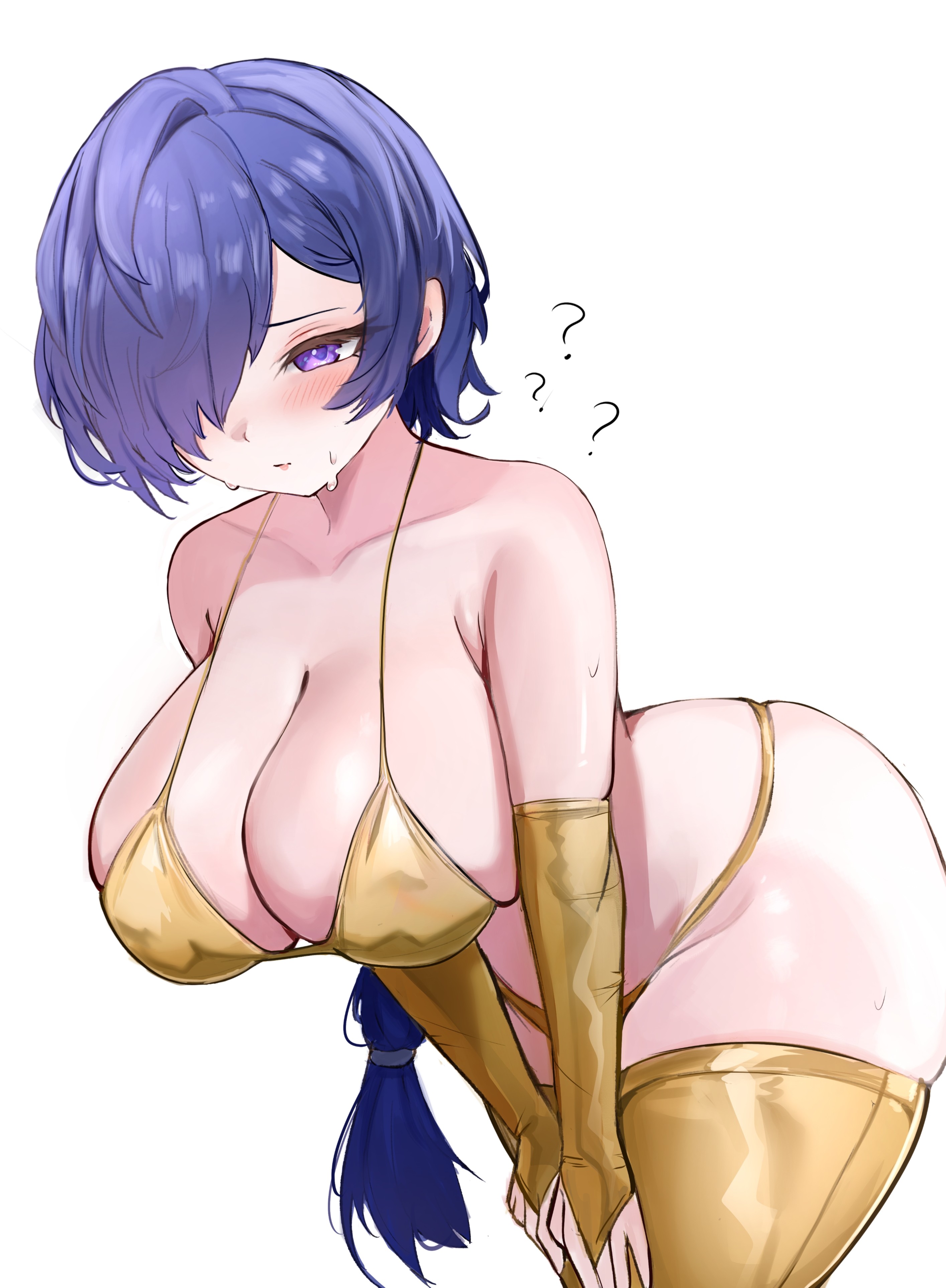1girls, breasts, female, female focus, female only, gold bikini, golden week, large breasts, light skin, light-skinned female, pingun, promeia (zenless zone zero), solo, thick thighs, thighhighs, thighs, white background, wide hips, zenless zone zero