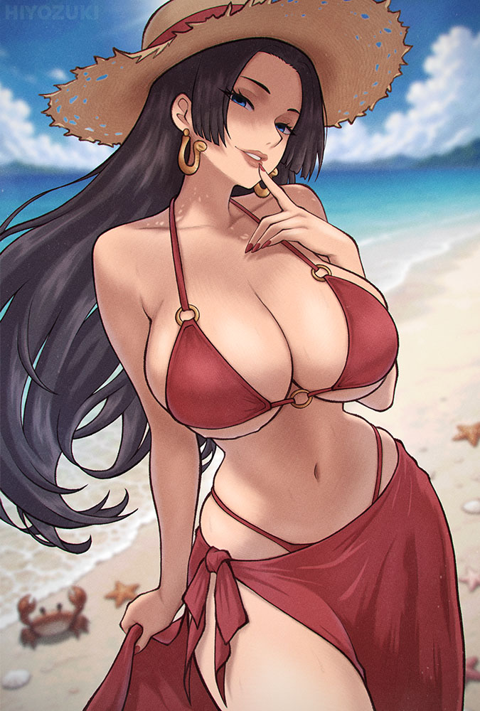 1girls, beach, bikini top, black hair, black-haired female, blue eyes, boa hancock, cleavage, crab, earrings, female, female only, hiyozuki, huge breasts, long hair, looking at viewer, one piece, sarong, seaside, straw hat, thong bikini, voluptuous