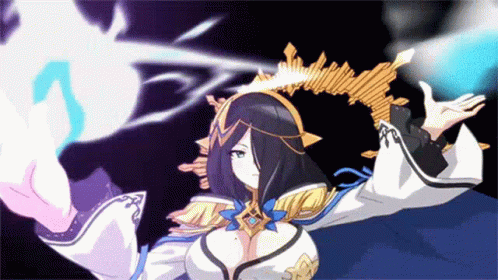 black_hair blue_eyes cleavage curvy epic7 female hair_over_one_eye huge_breasts long_hair looking_at_viewer magician screenshot video_games vivian_(epic7)