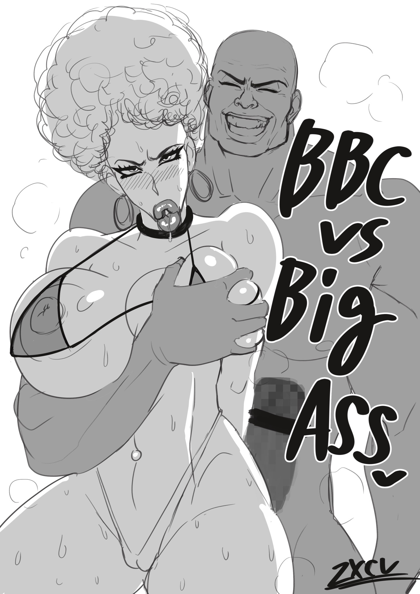 1boy, 1girls, big lips, big penis, breast grab, breasts, dark skin, dark-skinned male, dragon ball, dragon ball z, english text, female, interracial, large breasts, looking at viewer, male, panchy, panchy (dragon ball), panchy briefs, penis, raceplay, text, zxcv