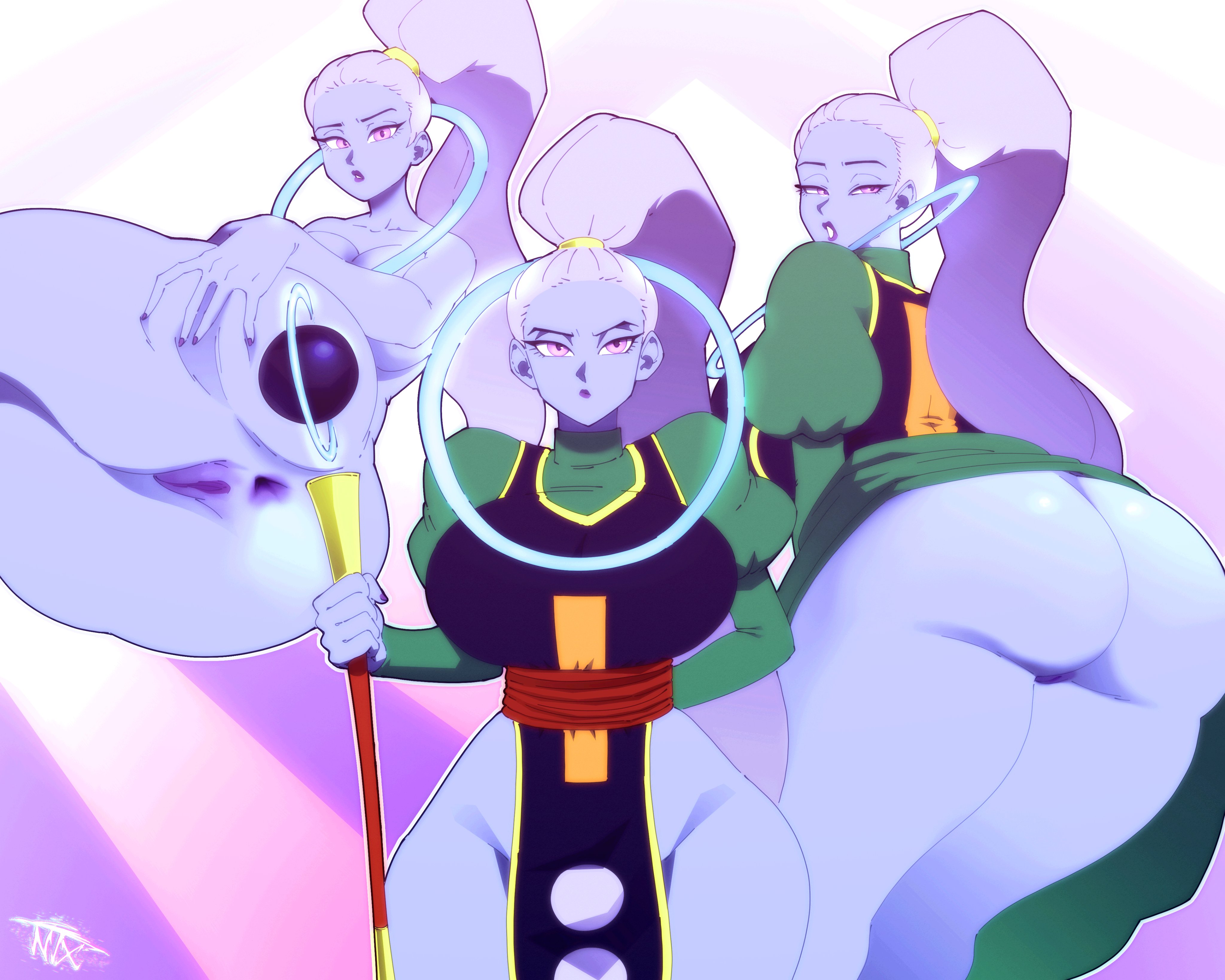 1girls, anus, ass, big ass, blue skin, dragon ball, dragon ball super, female, female only, neontetrix, ponytail, pussy, solo, tagme, vados, white hair