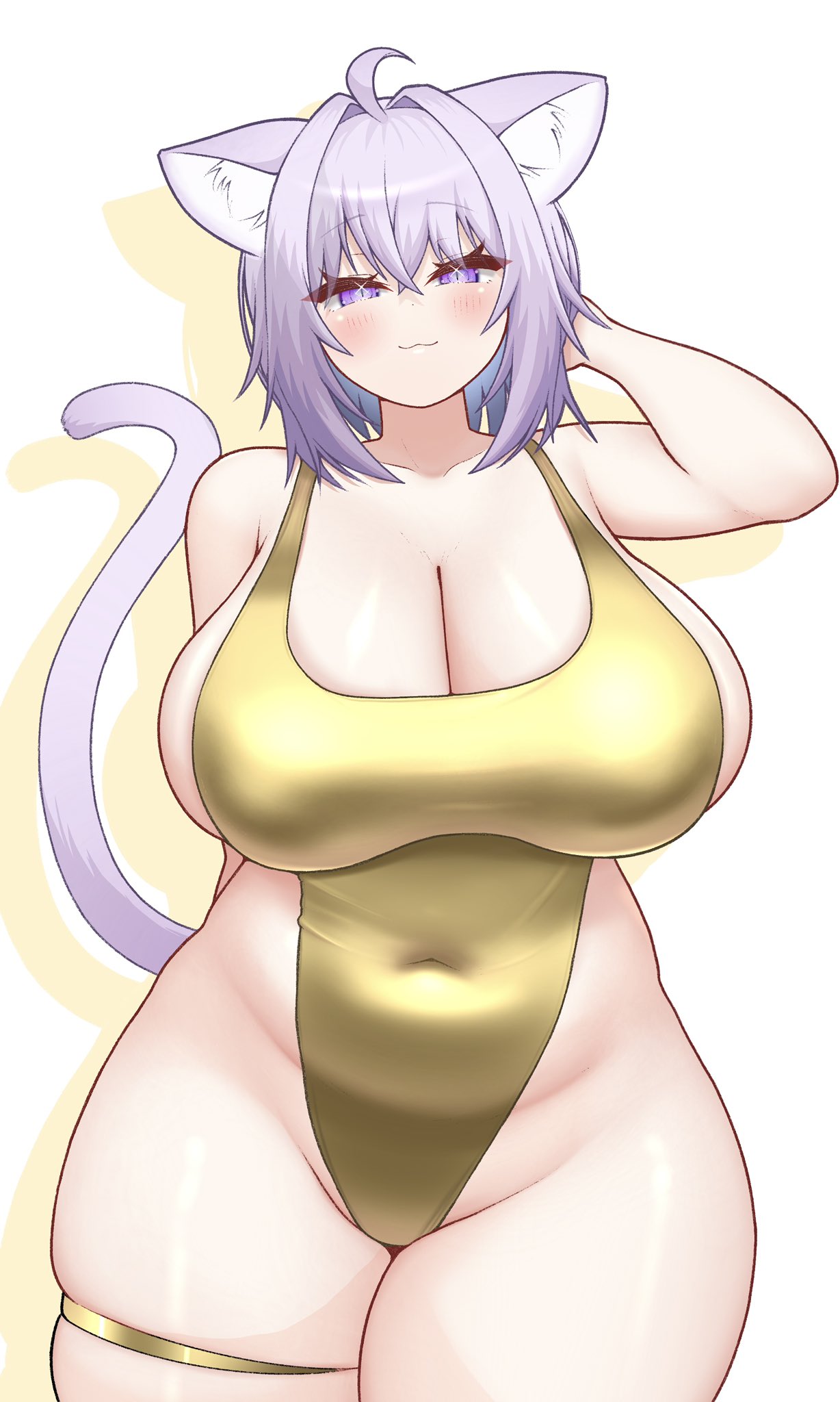 1girl, animal ears, arm behind head, blush, breasts, cat ears, cat girl, cat tail, cleavage, commentary request, covered navel, curvy, female, female only, gold one-piece swimsuit, highres, hololive, huge breasts, looking at viewer, mochigome (mochigomemcmc), nekomata okayu, one-piece swimsuit, plump, purple eyes, purple hair, simple background, solo, swimsuit, tail, thick thighs, thigh strap, thighs, virtual youtuber, wide hips