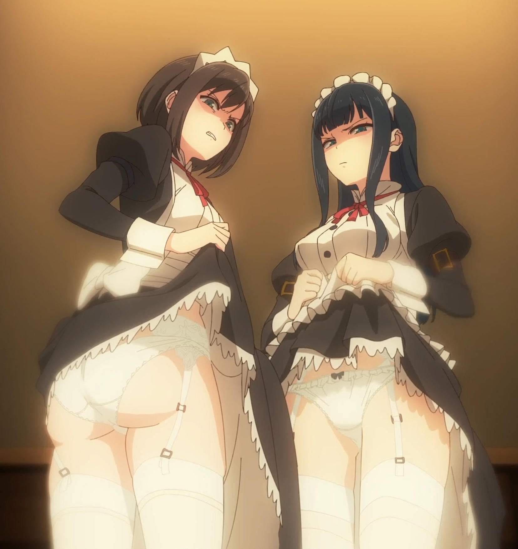 2girls, ass, black hair, breasts, brown hair, clothing, disgusted look, female, female only, hips, itou chitose, iya na kao sare nagara opantsu misete moraitai, iya na kao sarenagara opantsu misete moraitai returns, looking down, maid, maid headdress, maid uniform, medium breasts, nanako (iyapan), presenting, screencap, skirt, skirt lift, small breasts, stitched, thighhighs, thighs