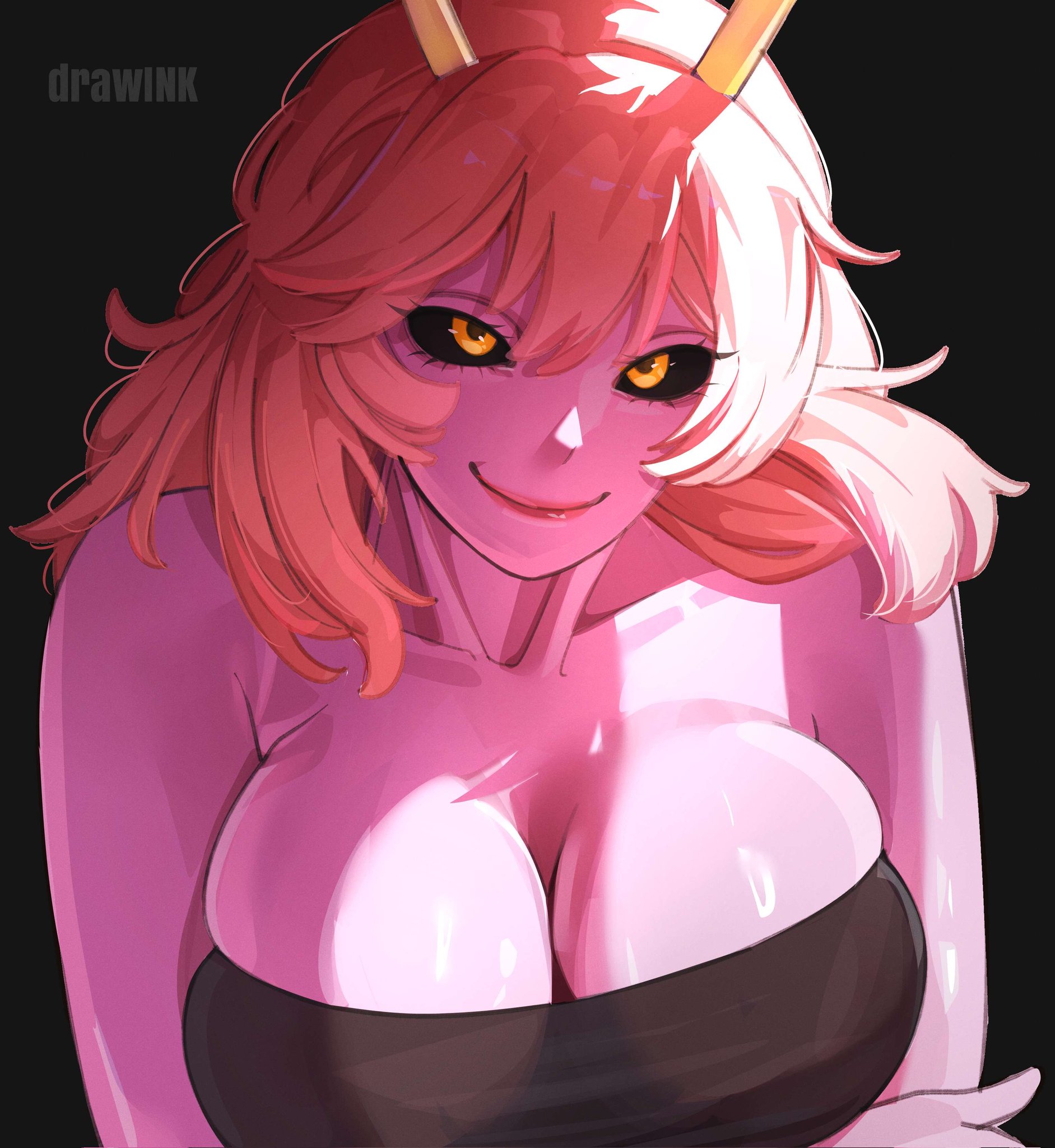 1girl, 1girls, ashido mina, ashido mina time-skip, black dress, black sclera, boku no hero academia, breasts, breasts squeezed together, cleavage, close-up, colored skin, commentary, drawink, dress, english commentary, female, female only, highres, horns, large breasts, long hair, looking at viewer, messy hair, mina ashido, mina ashido time-skip, my hero academia, my hero academia (finale), naughty face, pink body, pink hair, pink skin, post-timeskip, red lips, solo, yellow eyes
