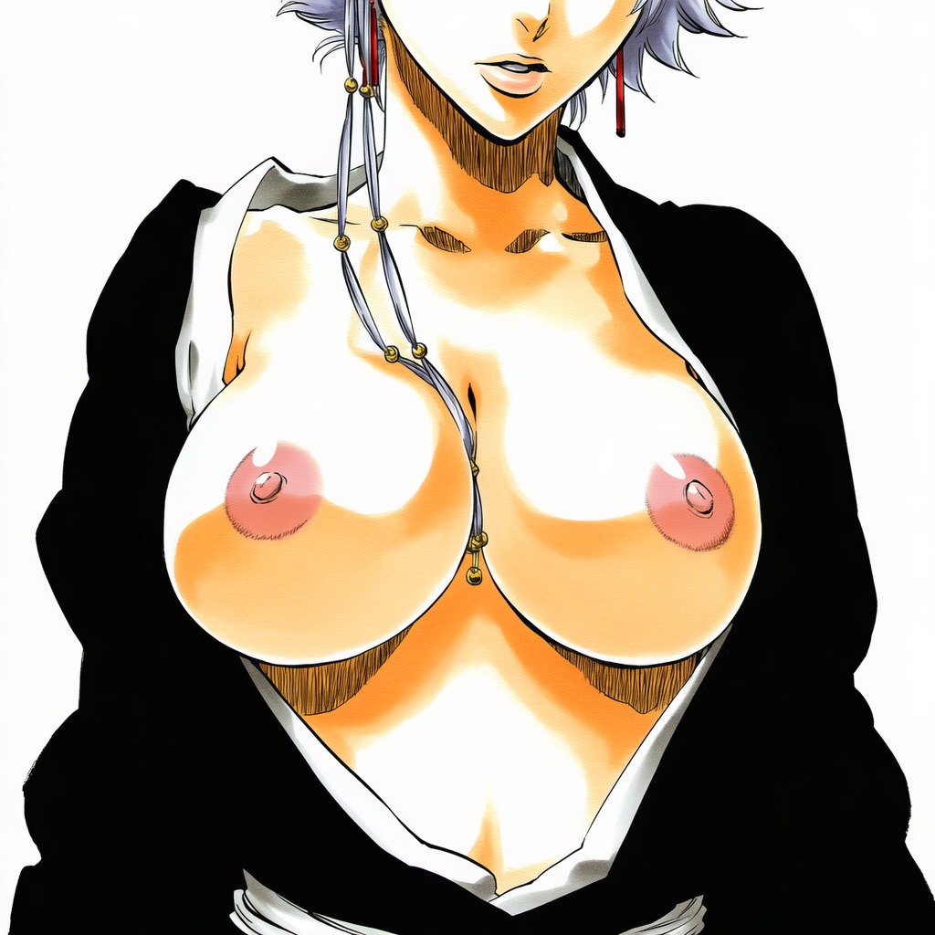 1:1, 1girls, 2d, accurate art style, accurate body type, ai generated, areolae, beads, between breasts, big breasts, bleach, breast focus, breasts, breasts out, breasts out of clothes, busty, busty female, cel shading, cleavage, clothing, collarbone, cropped, earrings, exposed breasts, facing viewer, female, female focus, female only, front view, glossy body, grey hair, hair beads, hair ornament, head out of frame, high resolution, highres, japanese clothes, jewelry, kotetsu isane, large breasts, light skin, light-skinned female, line art, manga style, nipples, no bra, official style, open clothes, open shirt, partially clothed, pink areola, pink nipples, presenting, presenting breasts, robe, shihakusho, shiny skin, short hair, short hair with long locks, simple background, solo, solo female, solo focus, standing, tite kubo style, upper body, wafuku, wardrobe malfunction, white background