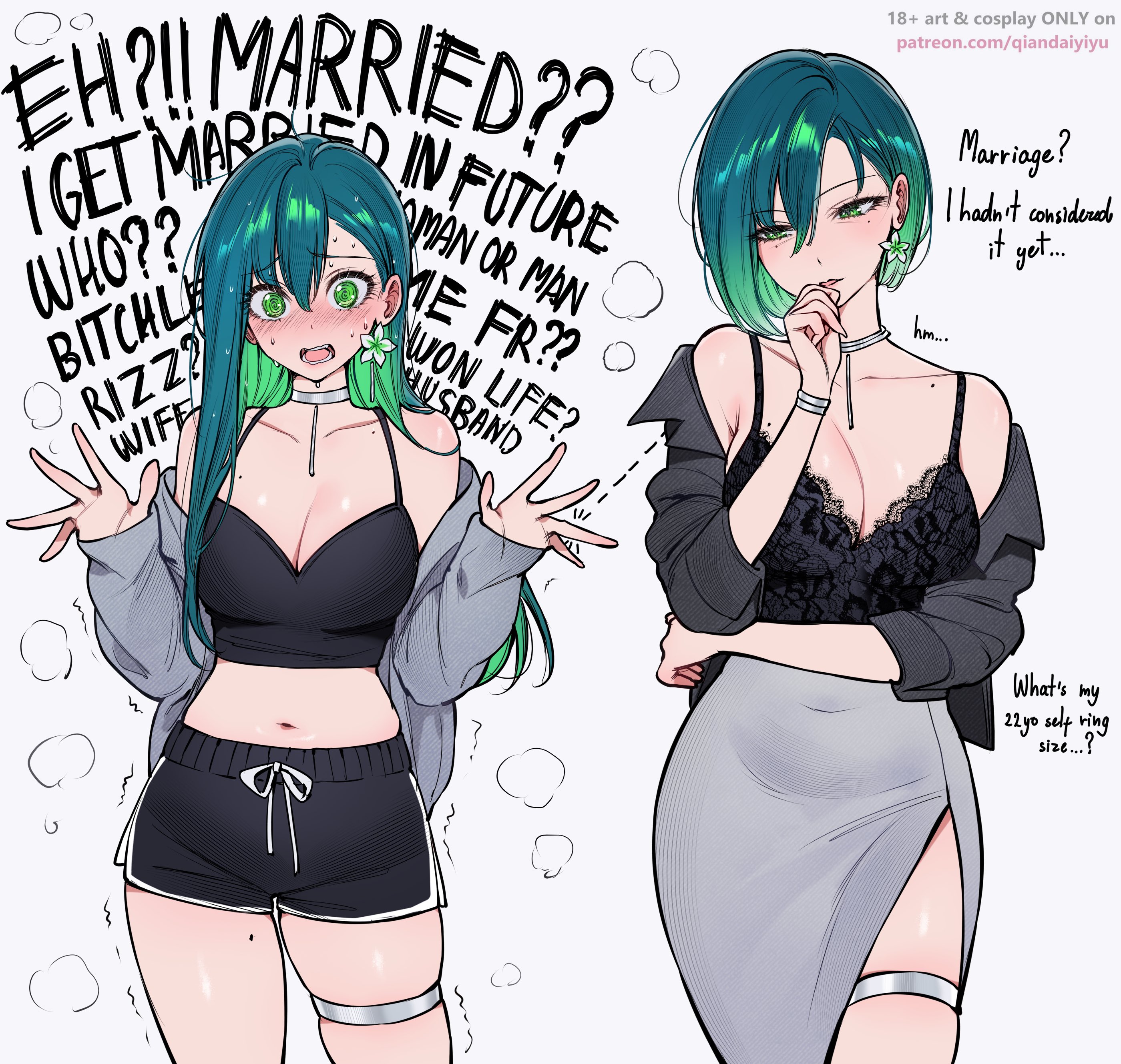 2girls, age difference, bra, bracelet, choker, green eyes, green hair, height difference, qiandaiyiyu, selfcest, shorts, text