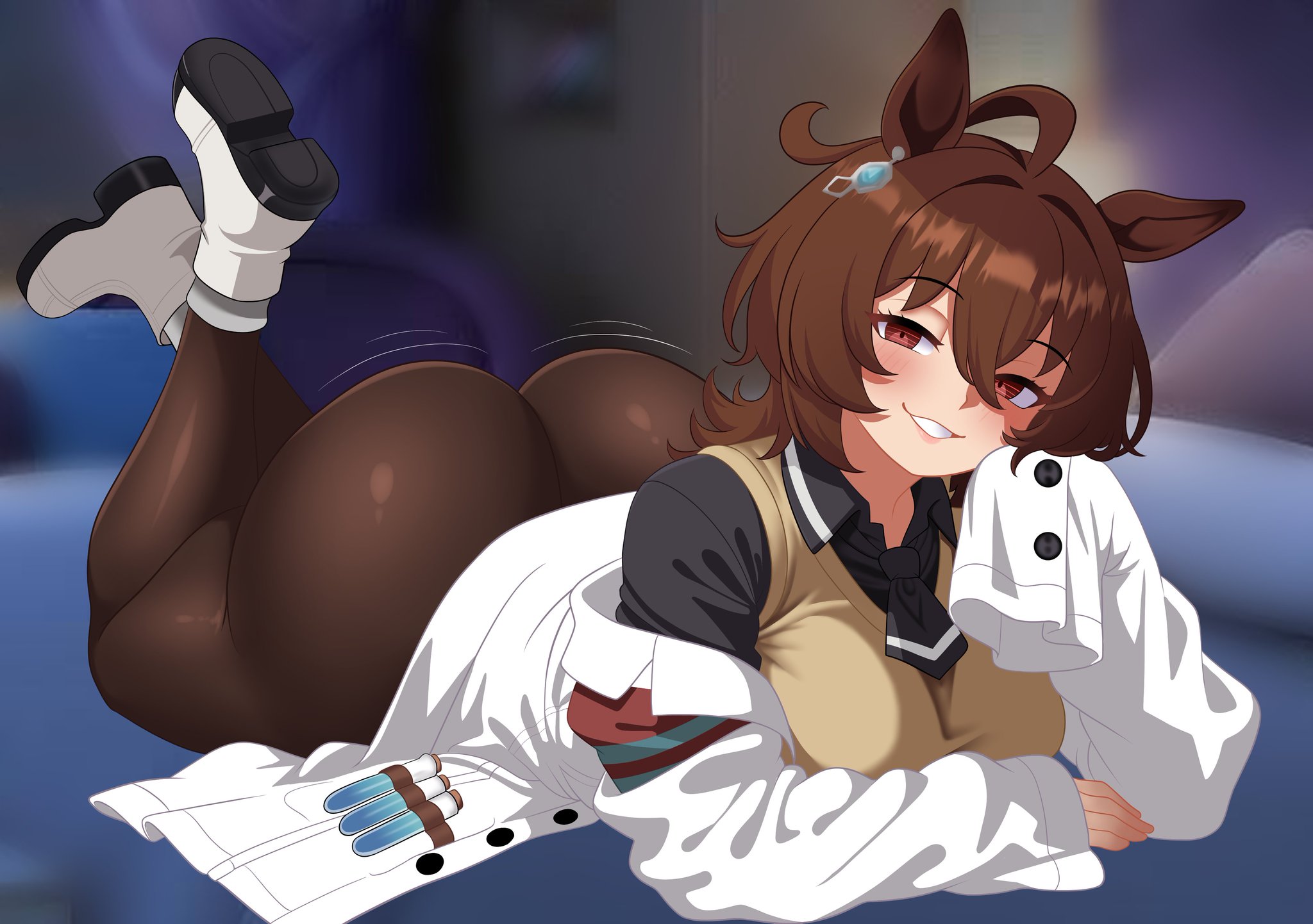 1girls, 2020s, 2026, 2d, 2d (artwork), 2d artwork, 4 fingers, agnes tachyon (umamusume), ass, bedroom, bedroom setting, big ass, big butt, blurred background, blurry background, blush, blush lines, blushing, blushing at viewer, boots, breasts, brown eyes, brown hair, brown hair female, butt, buttons, clothed, clothed female, clothes, coat, curvy, curvy body, curvy female, curvy figure, detailed background, digital drawing (artwork), digital media, digital media (artwork), ear piercing, earrings, ears, ears up, eyebrows, eyelashes, eyes, eyes open, female, female focus, female only, fingers, furry ears, gabrielvizari, girl, hair, horse ears, horse girl, humanoid, hybrid, jerkoff visual assistance, labcoat, large ass, large butt, laying on bed, laying on stomach, legwear, light skin, light-skinned female, lips, long ears, looking at viewer, no dialogue, no text, pantyhose, sexually suggestive, slim, slim female, slim girl, smile, smiling, smiling at viewer, suggestive, suggestive look, suggestive pose, suggestive posing, textless, umamusume, umamusume pretty derby, wiggle lines