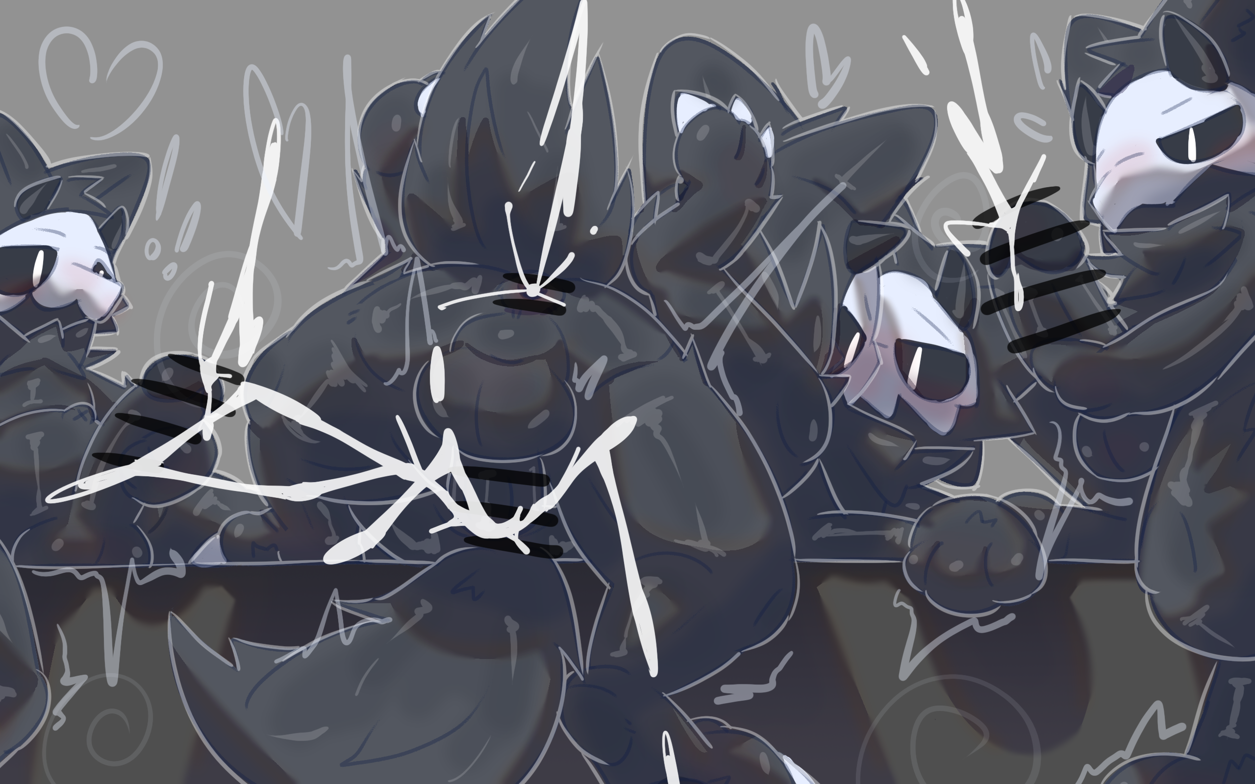 2026, anal, anal penetration, anthro, anthro on anthro, anthro penetrated, anthro penetrating, anthro penetrating anthro, balls, being watched, biped, black balls, black body, black fur, black pawpads, black penis, black sclera, bodily fluids, bone, bone mask, canid, canine, censor bar, censored, censored anus, censored genitalia, censored penis, changed (video game), cum, cum from ass, cum in ass, cum inside, cum splatter, cum string, cumshot, digital drawing (artwork), digital media (artwork), ejaculation, english description, erection, exclamation point, eye contact, fluffy, fluffy tail, from front position, fur, genital fluids, genitals, grey background, group, group sex, heart symbol, hi res, humanoid genitalia, humanoid penis, ineffective censorship, iyy, latex creature, looking at another, looking at partner, lying, male, male anthro, male penetrated, male penetrating, male penetrating male, male/male, mammal, mask, masturbation, mating press, missionary position, nude anthro, nude male, on back, orgasm, pawpads, paws, penetration, penile, penile masturbation, penile penetration, penis, penis in ass, pupils, puro (changed), raised tail, sex, simple background, skull, skull mask, snout, tail, top hole, white pupils