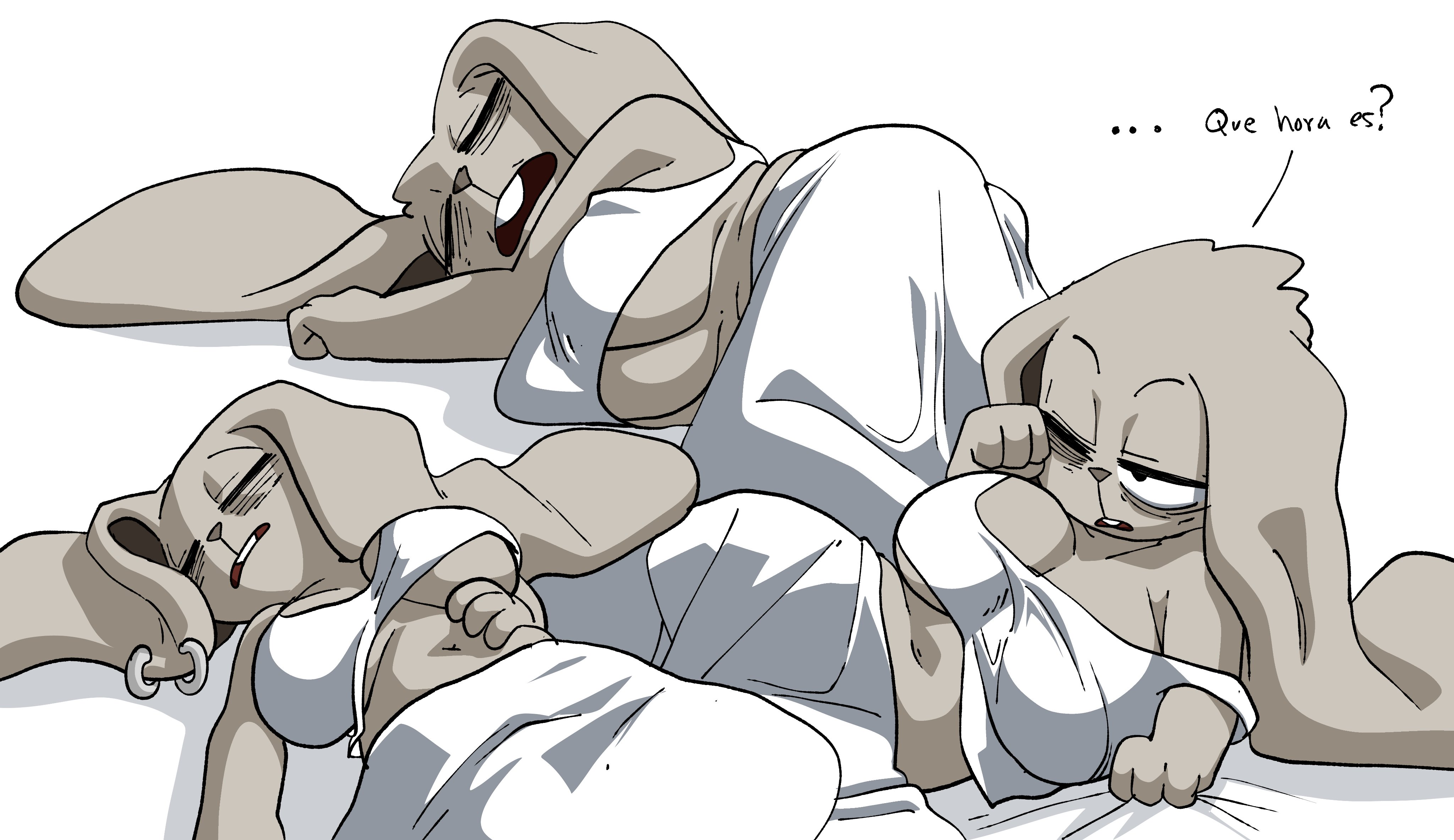 ..., 1girl, 1girls, animal, animal ears, animal nose, anthro, bare shoulders, body fur, breasts, buck teeth, buckteeth, bunny girl, canela (inkershike), cleavage, closed eyes, clothing, coolerinker, crop top, drooling, english text, female, female only, furry, furry female, glasses, grey fur, grey skin, half-closed eye, half-closed eyes, hand on own stomach, inker comics, inkershike, large breasts, lying, mammal, midriff, multiple views, navel, off shoulder, on back, on side, one eye closed, open mouth, pants, piercing, rabbit ears, rabbit girl, rubbing eyes, sheet grab, shirt, simple background, sleeping, sleepy, sleeveless, sleeveless shirt, snake hair, stomach, talking, teeth, text, underboob, upper teeth only, waking up, white background, white shirt, yawning