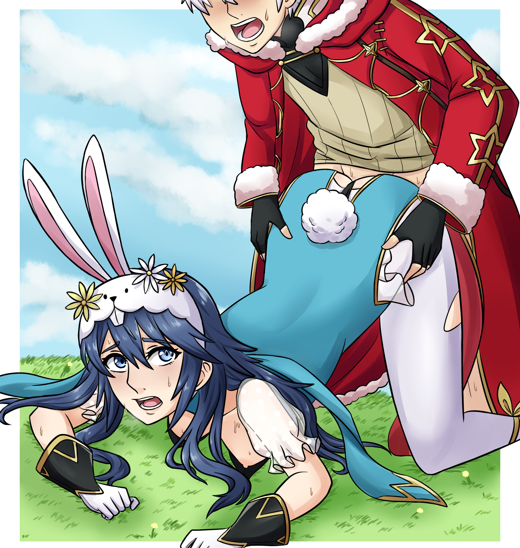 1boy, 1girls, alisa (vallurite), alternate costume, ass, ass up, blue eyes, blue hair, breasts, breasts out, bunny ears, bunny girl, bunnysuit, easter, face down ass up, faceless male, female, fire emblem, fire emblem awakening, fire emblem heroes, kneeling, long hair, looking back, lucina (fire emblem), male, nintendo, nipples, open mouth, outside, robin (fire emblem), robin (fire emblem) (male), sex, small breasts, straight, symbol-shaped pupils, torn clothes