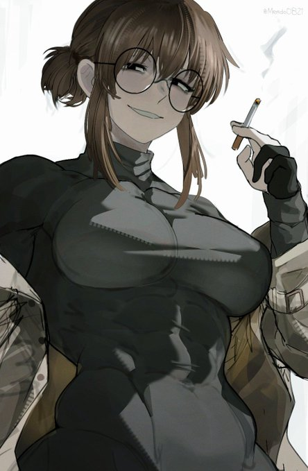 1girl, 1girls, 2d, 2d artwork, abs, bangs, big breasts, call of the night, cigarette, cigarette smoke, female, fit, fit female, glasses, mendo0821, muscles, muscular, muscular female, skin tight, smoke, smoking, uguisu anko, yofukashi no uta