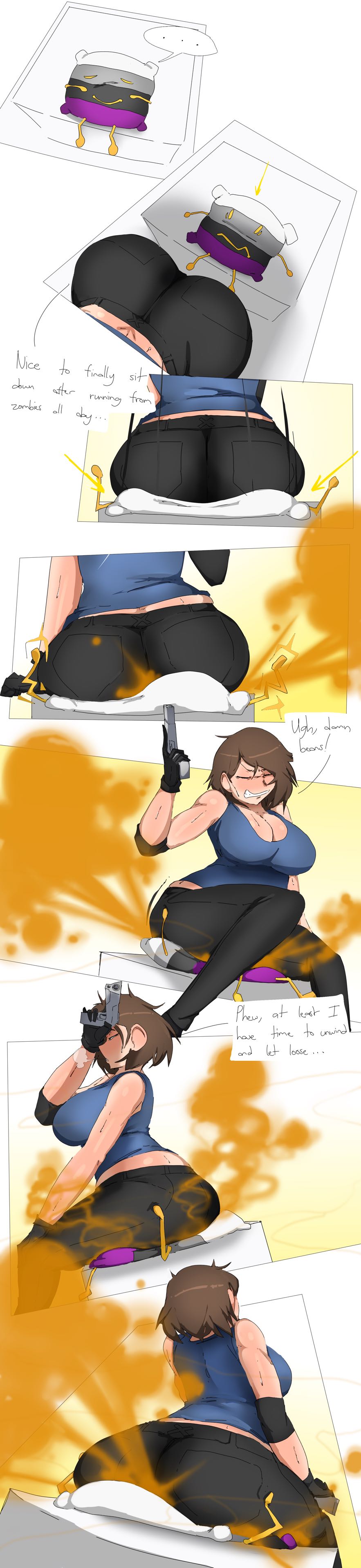 black pants, blue shirt, capcom, fart, fart cloud, fart fetish, farting in face, farting on another, female, gun, jill valentine, lazei, nonbinary pride colors, object shows, resident evil, short hair