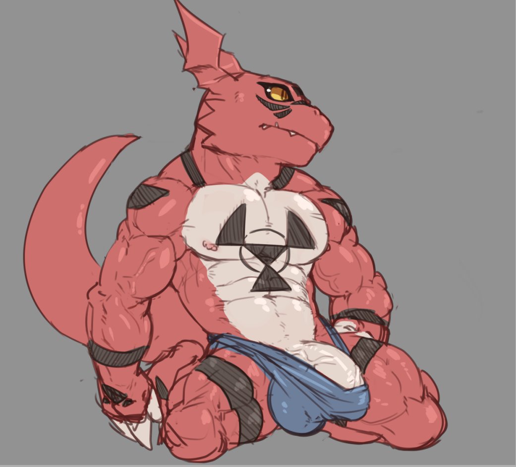 anthro balls_outline biceps bulge canid claws clothing cydonia_xia digimon digimon_(species) erection genital_outline genitals guilmon male male_only mammal muscular muscular_anthro muscular_male nipples penis penis_base penis_outline scalie simple_background solo solo_focus underwear vein veiny_muscles veiny_penis