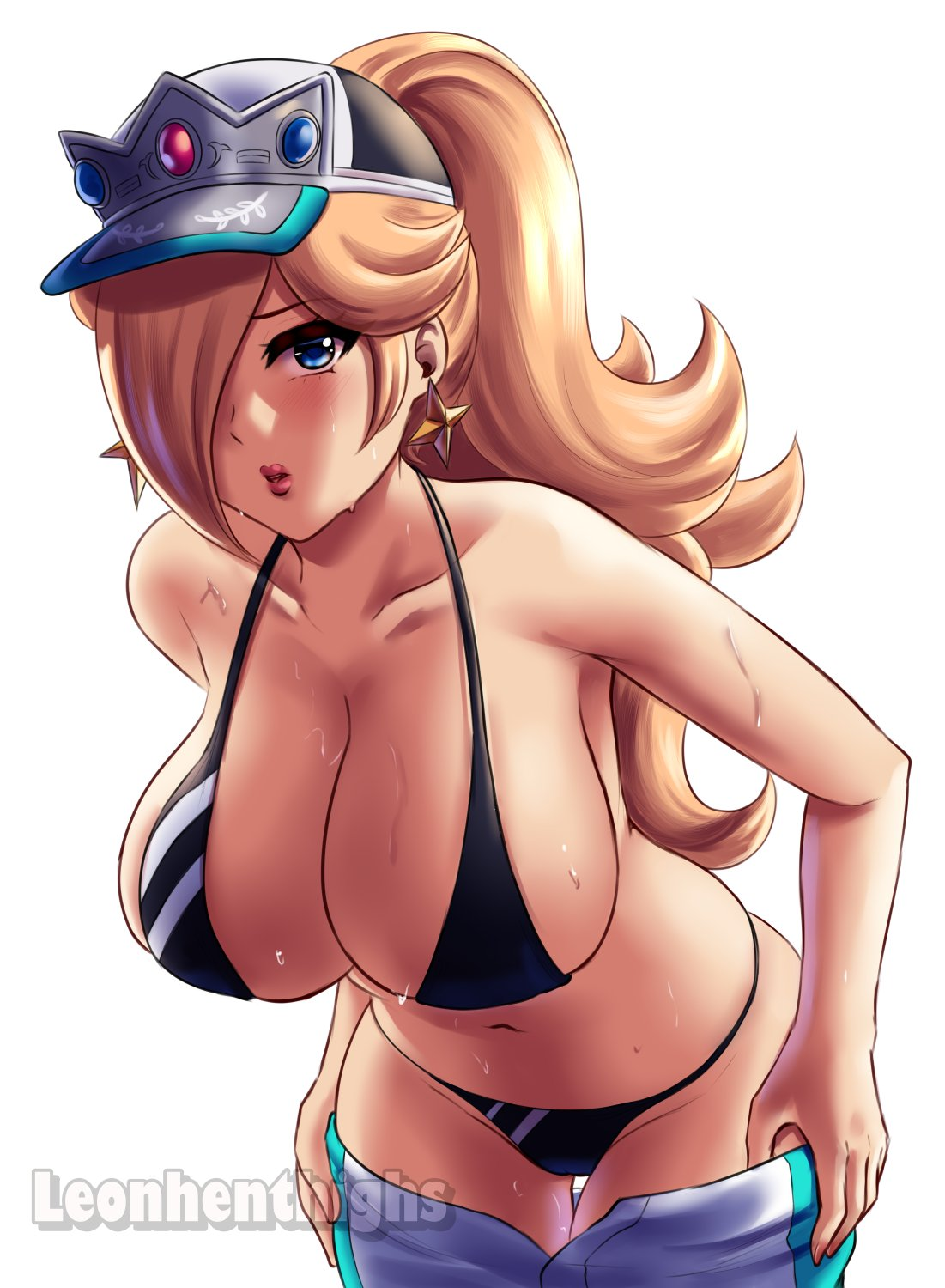 1girls, 2026, 2d, alternate costume, artist logo, blonde female, blonde hair, blue eyes, earrings, female, female only, hat, leonhenthighs, mario (series), mario kart world, nintendo, princess rosalina, sweat, sweating, tagme, undressing, white background