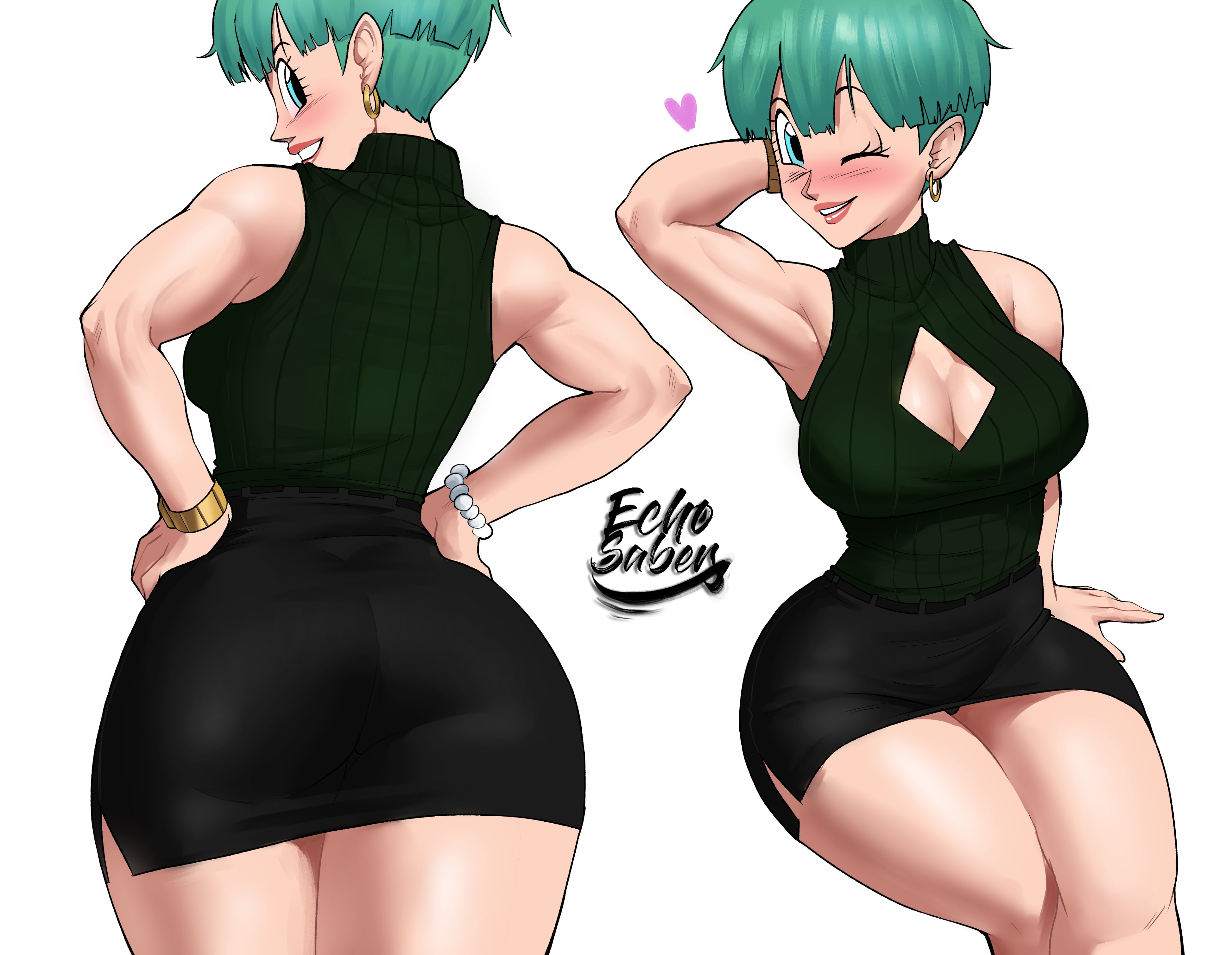 1girls, about to burst, ass, ass too big, barely contained, barely contained ass, barely contained breasts, barely fits, big ass, big breasts, blush, boob window, breasts, breasts too big, bulma, bulma (dragon ball super), bulma briefs, bursting breasts, cleavage, dragon ball, dragon ball z, earrings, echosaber, female, female only, fully clothed, heart, imminent wardrobe malfunction, milf, shounen jump, solo, tagme, thick thighs, tight dress, tight fit, tight fitting clothing, too tight, undersized clothes, undersized clothing