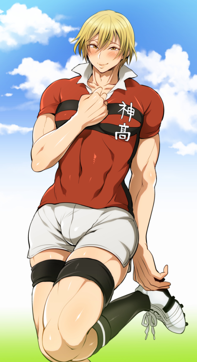 1boy all_out!! ambush_(trap) bara big_pecs blonde_hair blush brown_eyes bulge clothed coy hand_on_chest kneehighs looking_at_viewer male_only muscular muscular_male one_leg_up pecs rugby_uniform short_shorts shy smile soccer_uniform solo_male sumiaki_iwashimizu thick_thighs tight_clothing