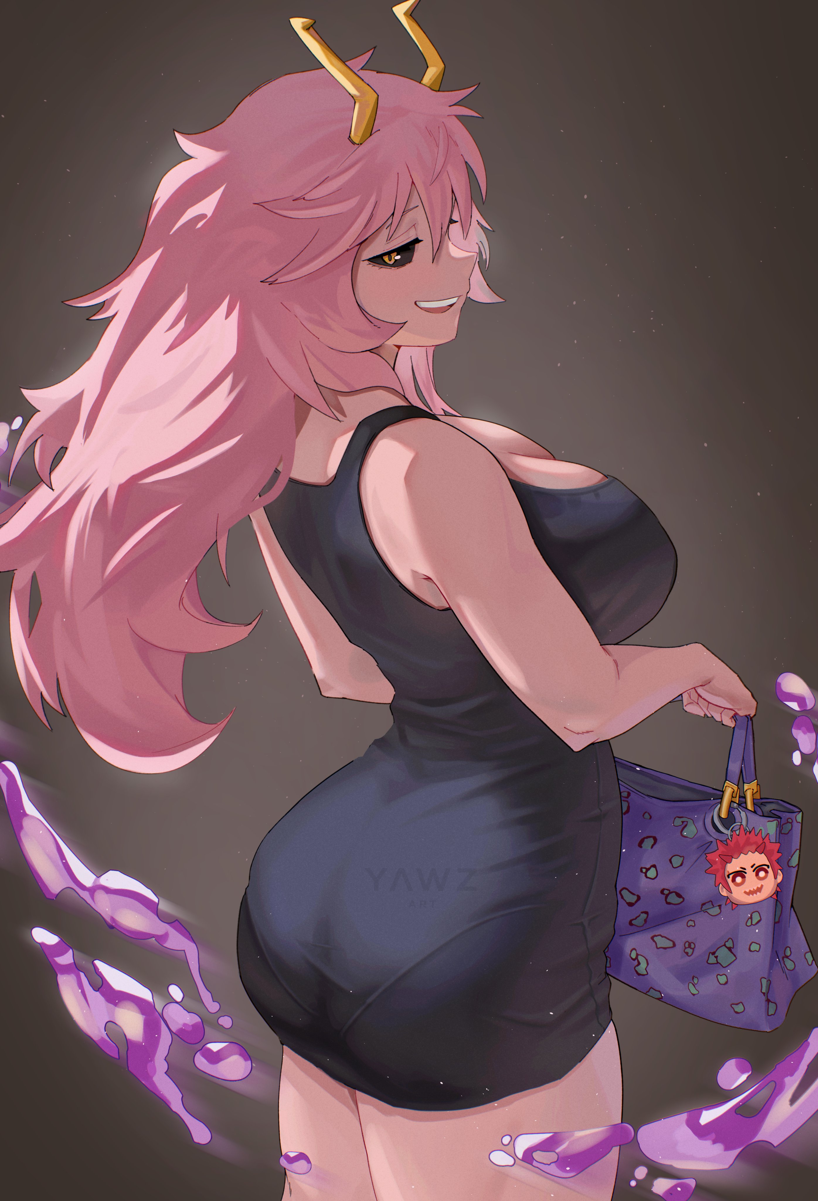 1girl, 1girls, absurdres, acid, adult mina, artist name, ass, bagbare shoulders, big ass, black dress, black sclera, boku no hero academia, breasts, colored sclera, colored skin, commentary, demon horns, dress, eijirou kirishima, english commentary, female, female only, highres, horns, kirishima eijiro, large breasts, light blush, light particles, long hair, mina ashido, mina ashido time-skip, my hero academia, my hero academia (finale), open mouth, panties, pantylines, pink hair, pink skin, post-timeskip, simple background, smile, solo, solo female, standing, thighs, time skip, tote bag, underwear, yawz, yellow eyes, yellow horns
