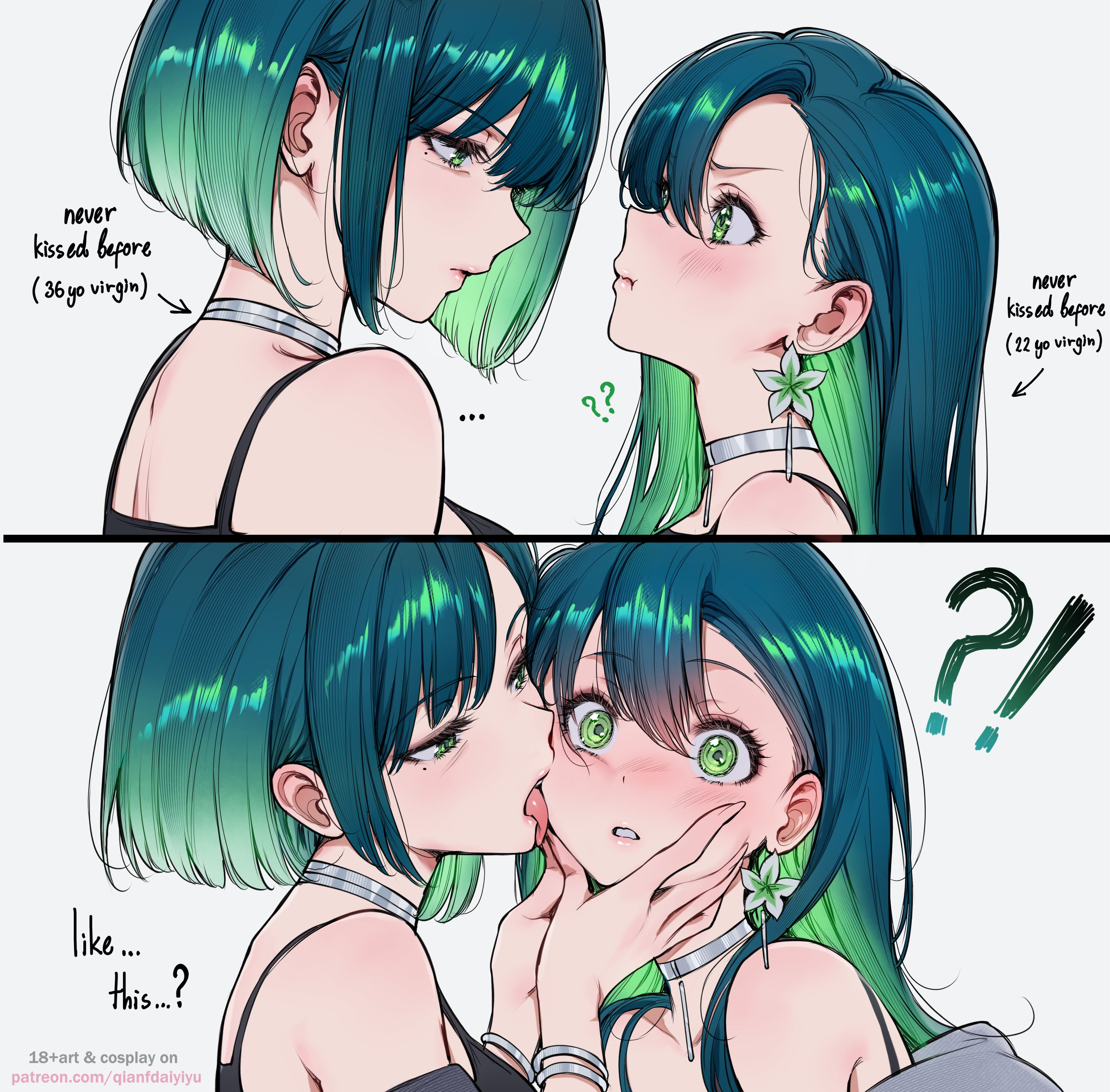 2girls, blushing, bracelet, choker, green eyes, green hair, hair ornament, height difference, lesbian focus, licking, older female, qiandaiyiyu, selfcest, text, younger female